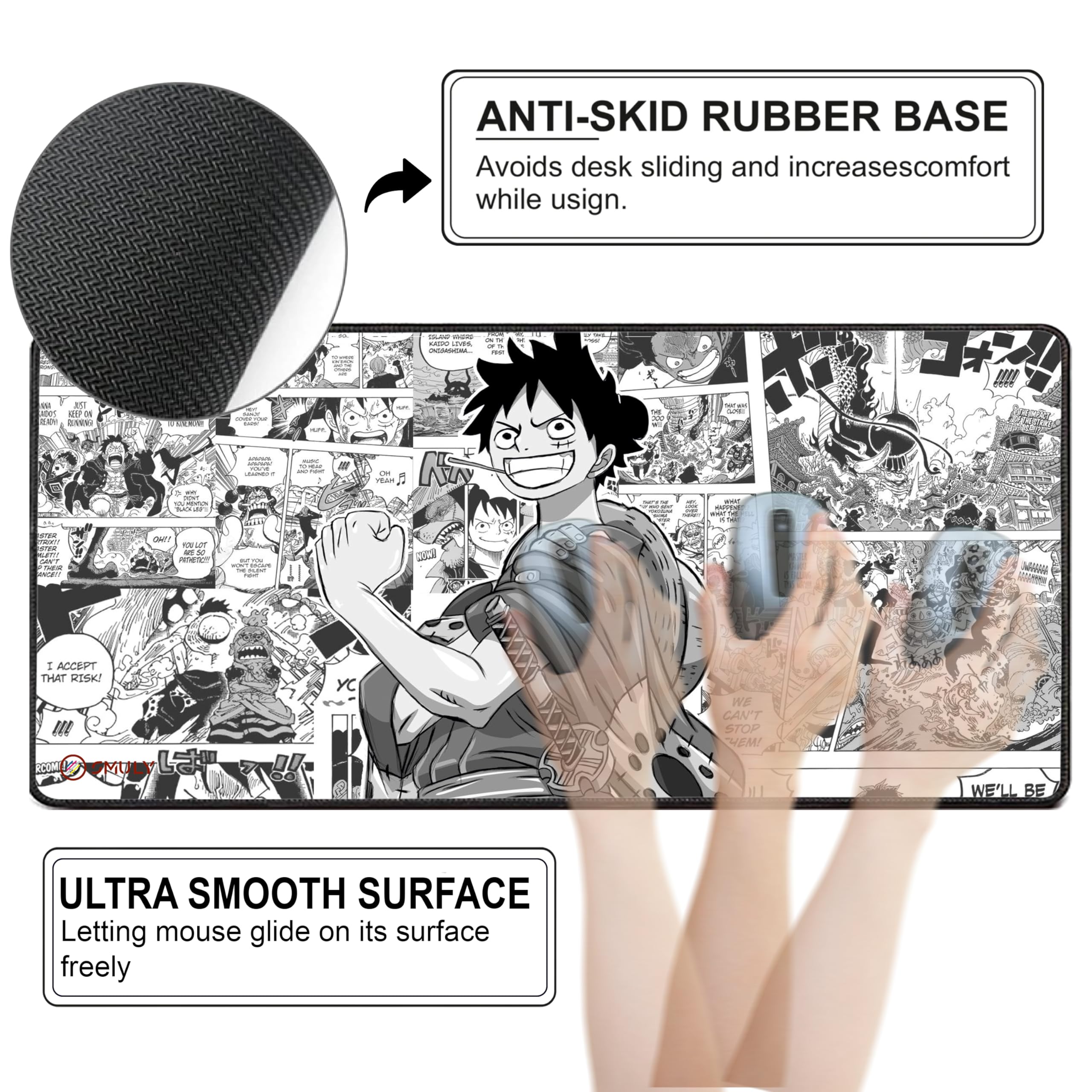 Pirate Anime Gaming Mouse Pad, Large Desk Mat 58.5 x 28 cm, Extended Washable Mousepad, Desk Pad, 2mm Thick Non-Slip Rubber Base, Stitched Edges, Smooth Surface (Black/White) — Amazon image 3