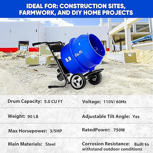 Miniatura 5 de Mezclador de hormigón eléctrico, 5.3 pies cúbicos, 1 HP. Mezclador de hormigón eléctrico portátil de tambor de polietileno de 750 W, máquina