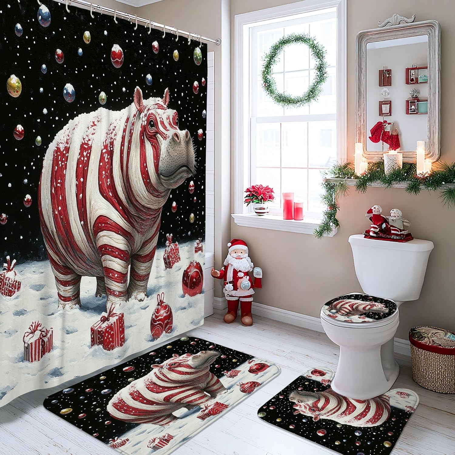 4PCS Christmas Hippo Bathroom Sets with Non-Slip Rug, U Shape Toilet Lid Cover Mat, Winter Funny Animal Xmas Bathroom Decoration 72''x72''