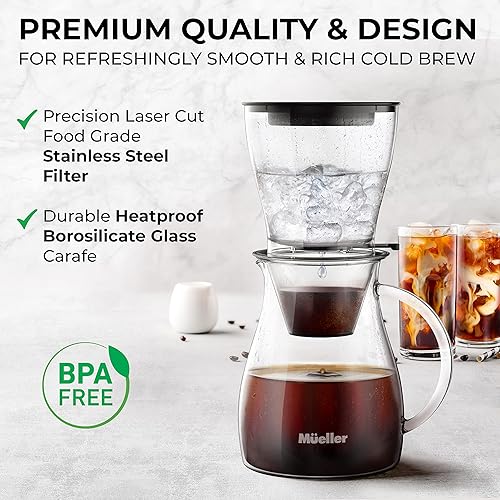 Miniatura 2 de Mueller QuickBrew - Cafetera de café y té en frío suave de 47 onzas, cafetera de café helado con flujo de agua ajustable, filtro de acero