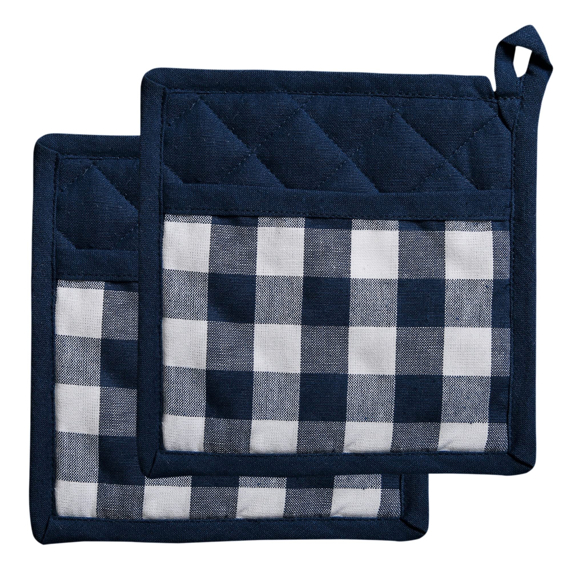 Country Maison Pot Holders – 2 Pack | 8” X 8” | Heat Resistant Potholders for Cooking | Baking | BBQ | Kitchen | Dining Table | Gift | Restaurant | 100% Cotton | Buffalo Check - Blue - Buffalo Check - Blue Pack of 2 Pot Holders
