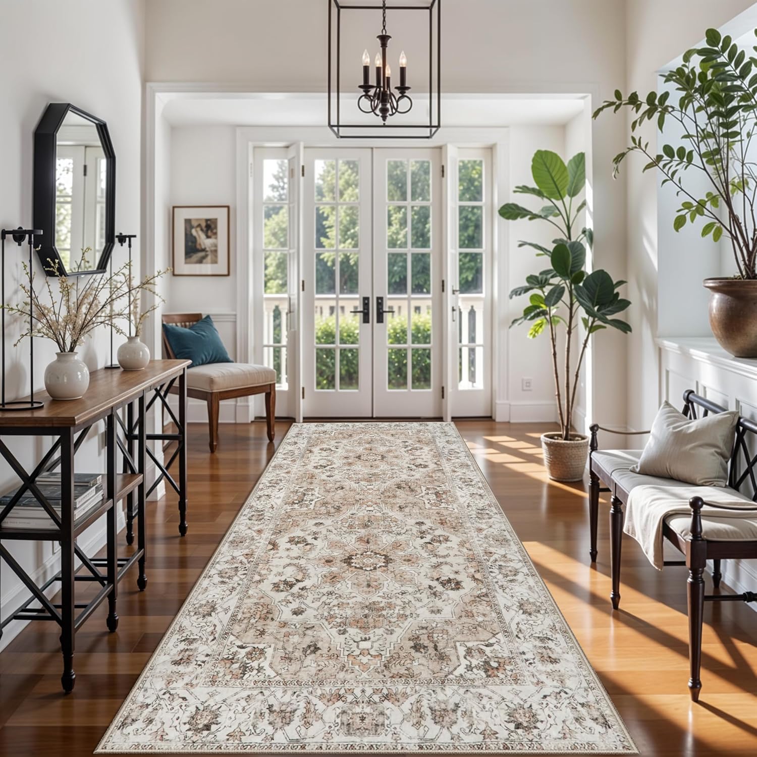 washable hallway runner rug 4x10: non slip runner rugs with rubber backing soft kitchen rug farmhouse distressed carpet runner for living room bedroom bathroom (beige, 4x10) 4' x 10' (rectangular) beige