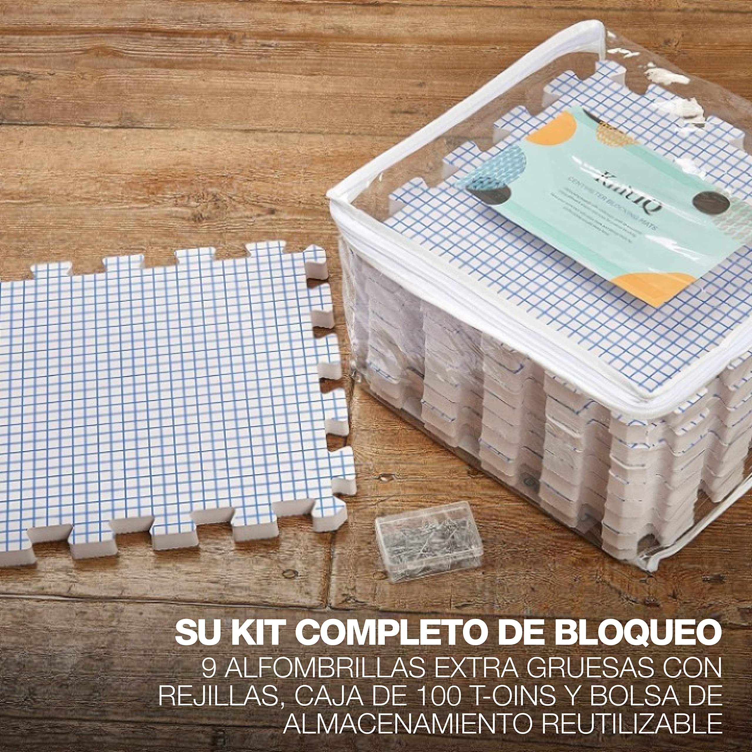 KnitIQ Tapetes Bloqueadores para Tejer en CENTÍMETROS - 9 Tapetes Extra Gruesos con Rejillas en Medida de CM, 100 Alfileres en T y Bolsa de Almacenamiento para Bordados o Crochet