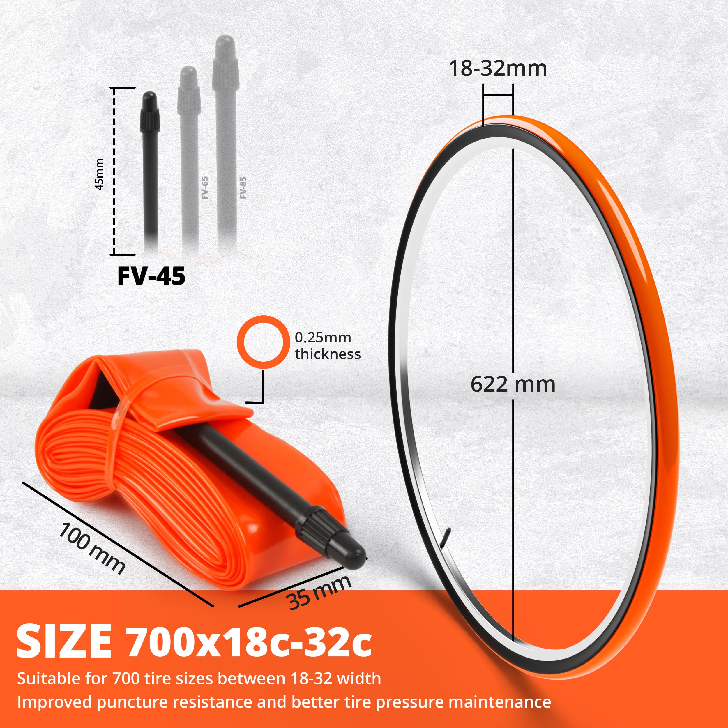 IMPALAPRO Ultralight Road Bike TPU Inner Tube 700C 35g 0.25mm Thick Compatible with 700x18/23/25/28/30/32C Presta Valve 45/65/85mm -Bicycle Inner Tube 700C - TPU Tubes (2Pcs - Val 45mm 35g)