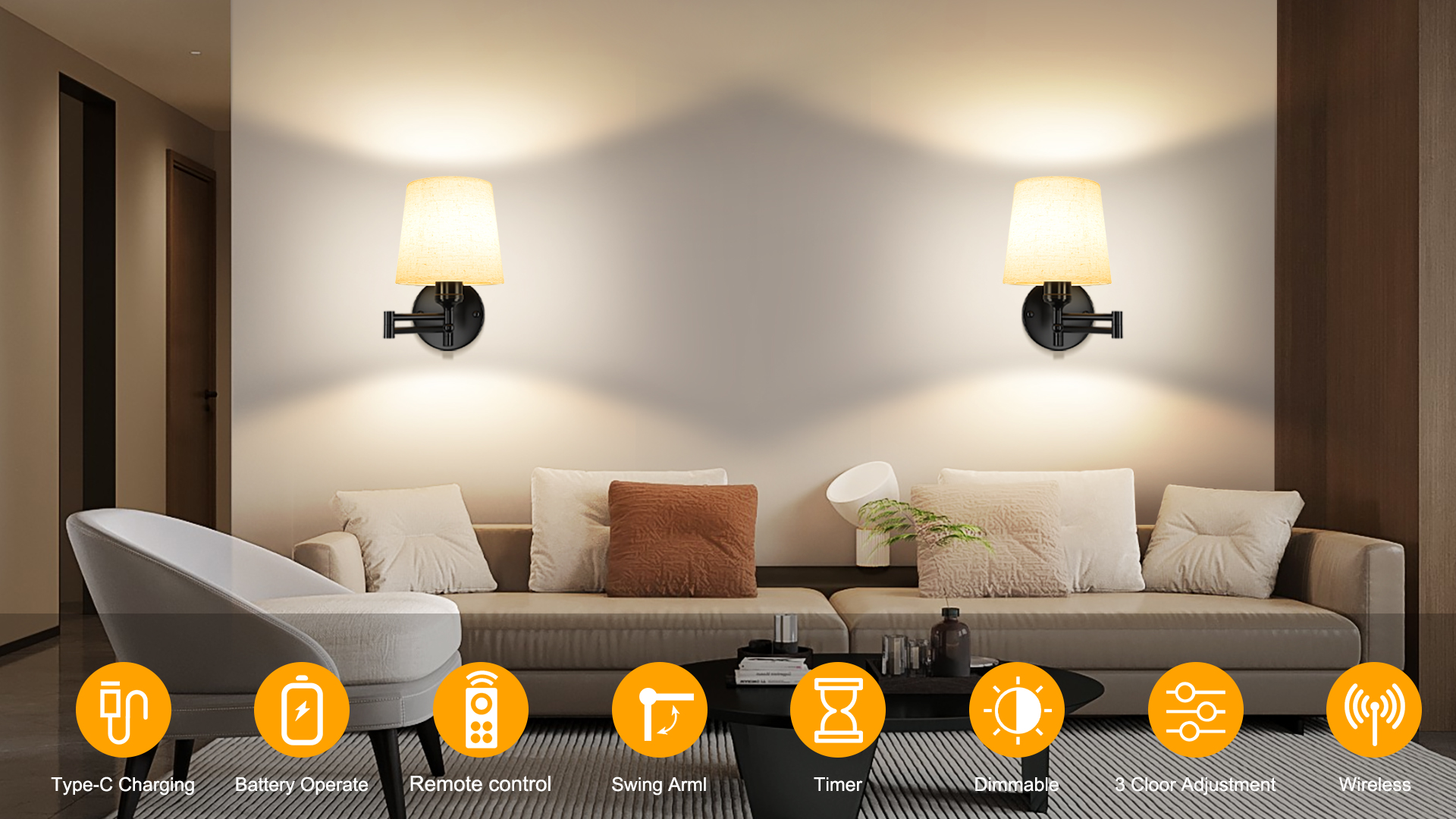 Frideko Swing Arm Rechargeable Wall Sconces Set of Two with Remote