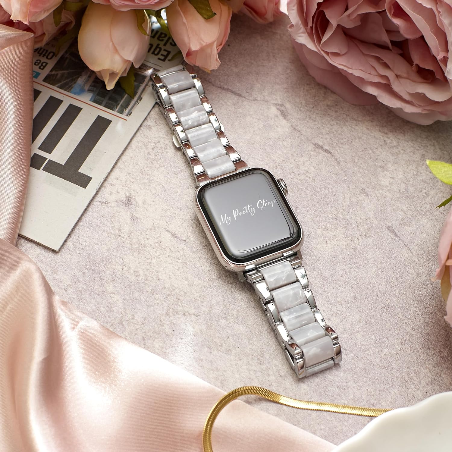 My Pretty Strap - Compatible Apple Watch Band Strap, Stainless Steel Fashion iWatch Replacement Strap- Easy Resizing, No Tool Needed, Fits Most Wrists- Series 1-11, SE and Ultra