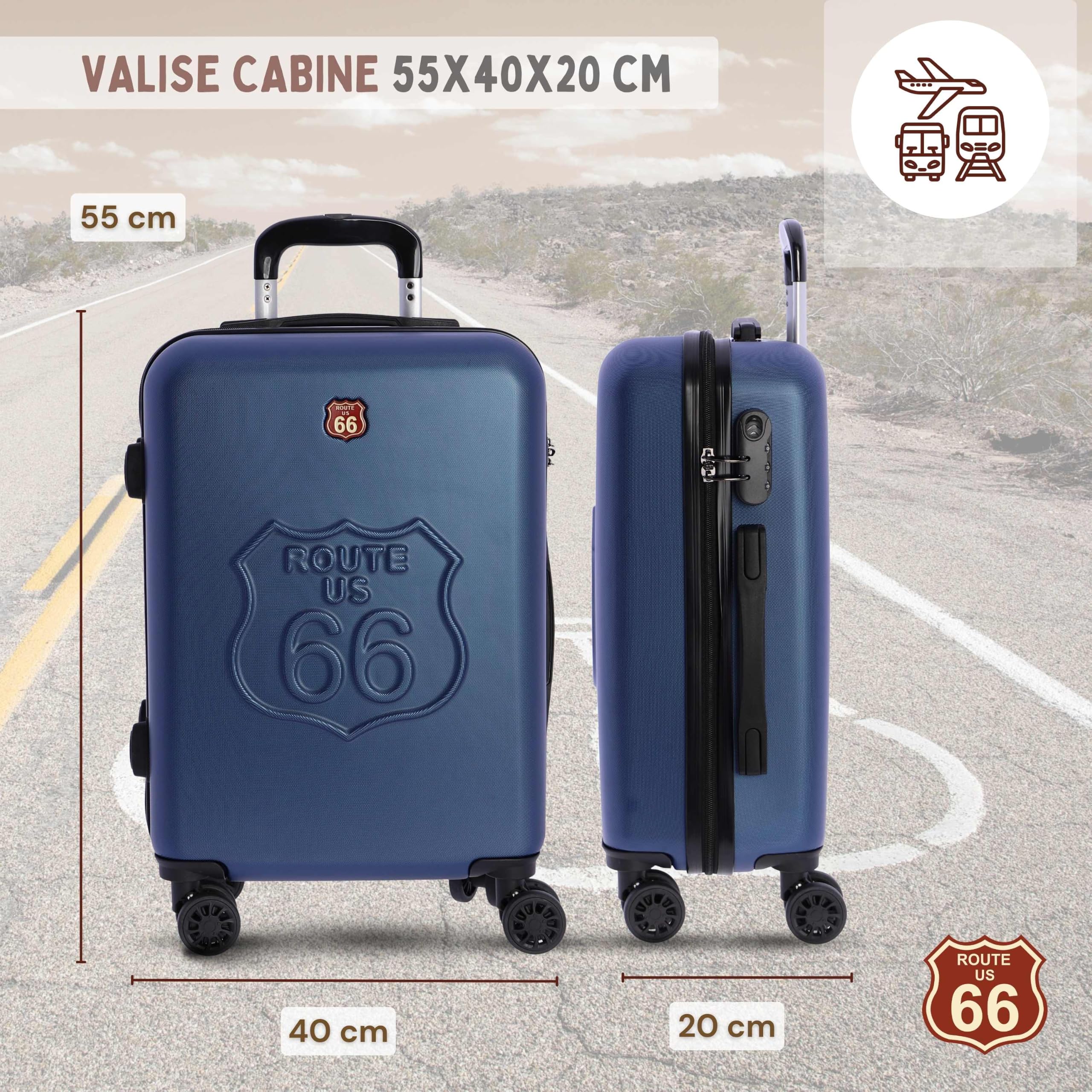 Route 66 - Walizka kabinowa 55x40x20 sztywny ABS 4 koła - bagaż samolotowy | Lekka twarda walizka, bagaż podręczny Ryanair, walizka na 4 kółkach, torba kabinowa samolotu, walizka podróżna na kółkach