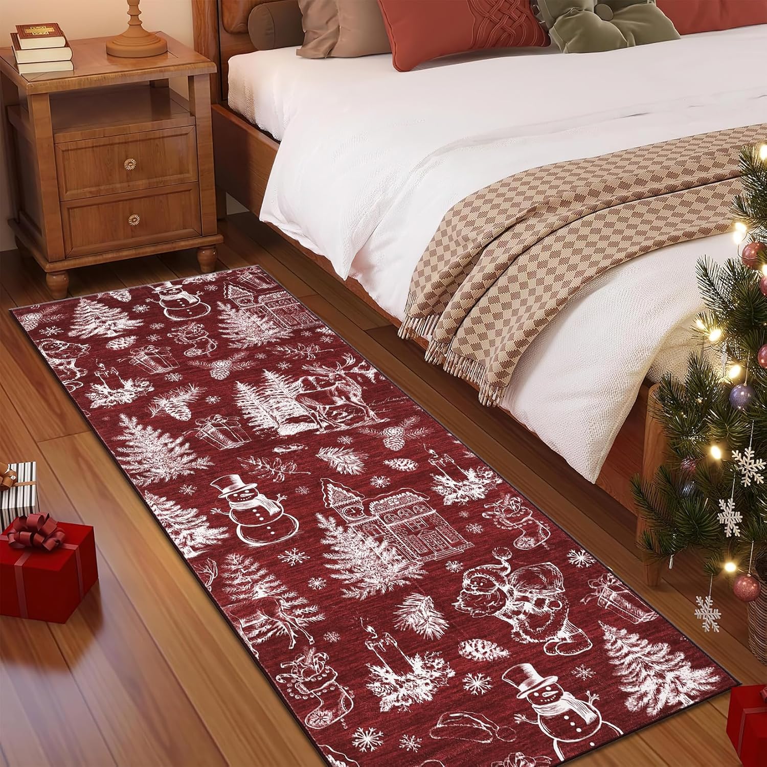 Christmas Rug Runner 2x6 Machine Washable Area Rugs for Entryway Modern Pinecone＆Christmas Tree Print Floor Cover Non Slip Non Shedding Winter Holiday Rugs for Kitchen Hallway, Red