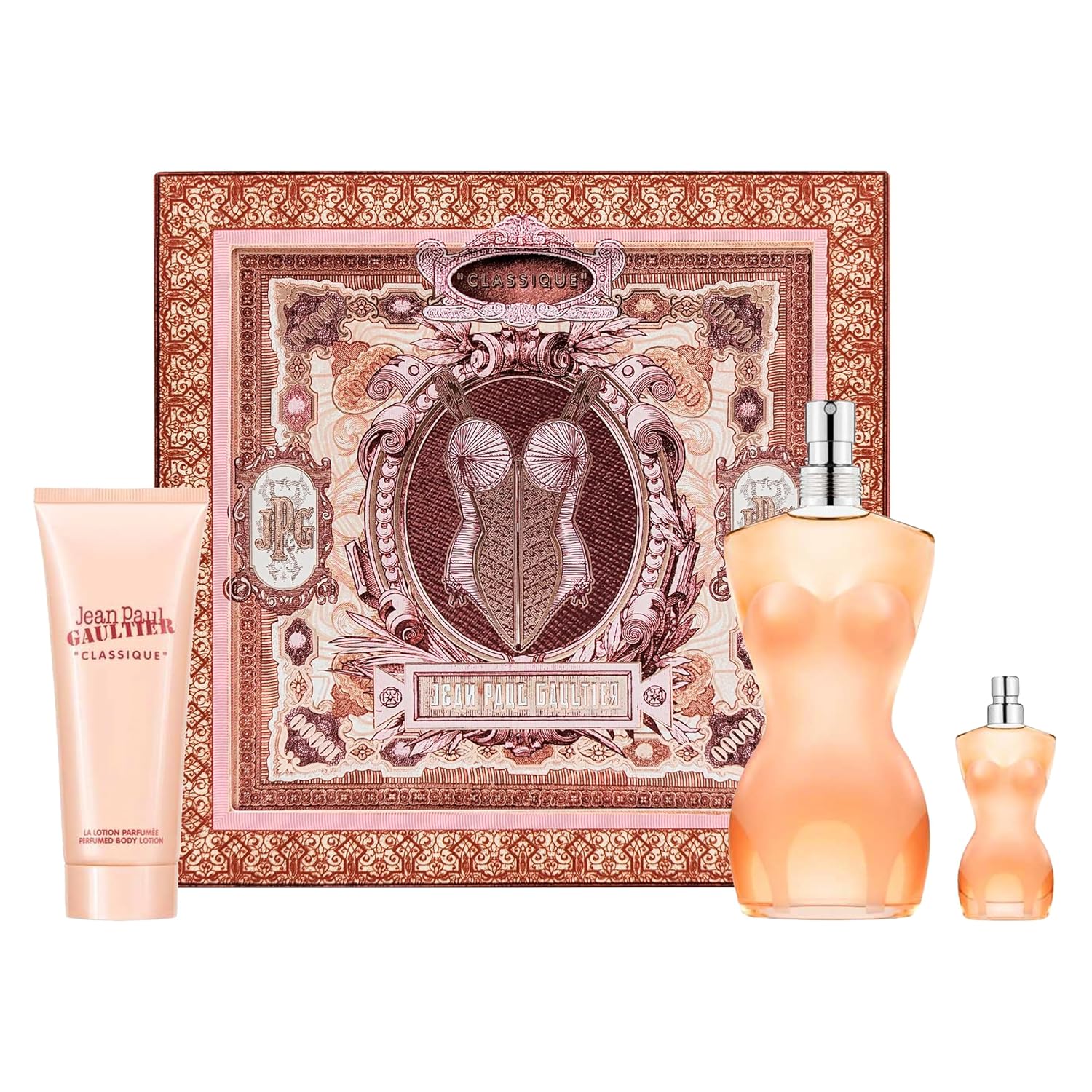 Jean Paul Gaultier Classique by Jean Paul Gaultier for Women 3 Piece Set Includes: 3.4 oz Eau de Toilette Spray + 2.5 oz Perfumed Body Lotion + 0.2 oz Eau de Toilette Spray