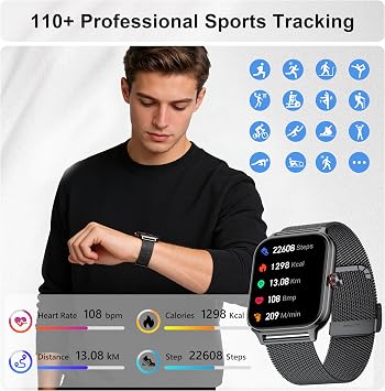Smart Watch Women Men, Answer/Make Call, 1.96'' Fitness Tracker with Blood Pressure, HR, Sleep Monitor, 110+ Sport Modes Reloj Inteligente para Mujer Smartwatch Compatible with iPhone/Samsung/Android