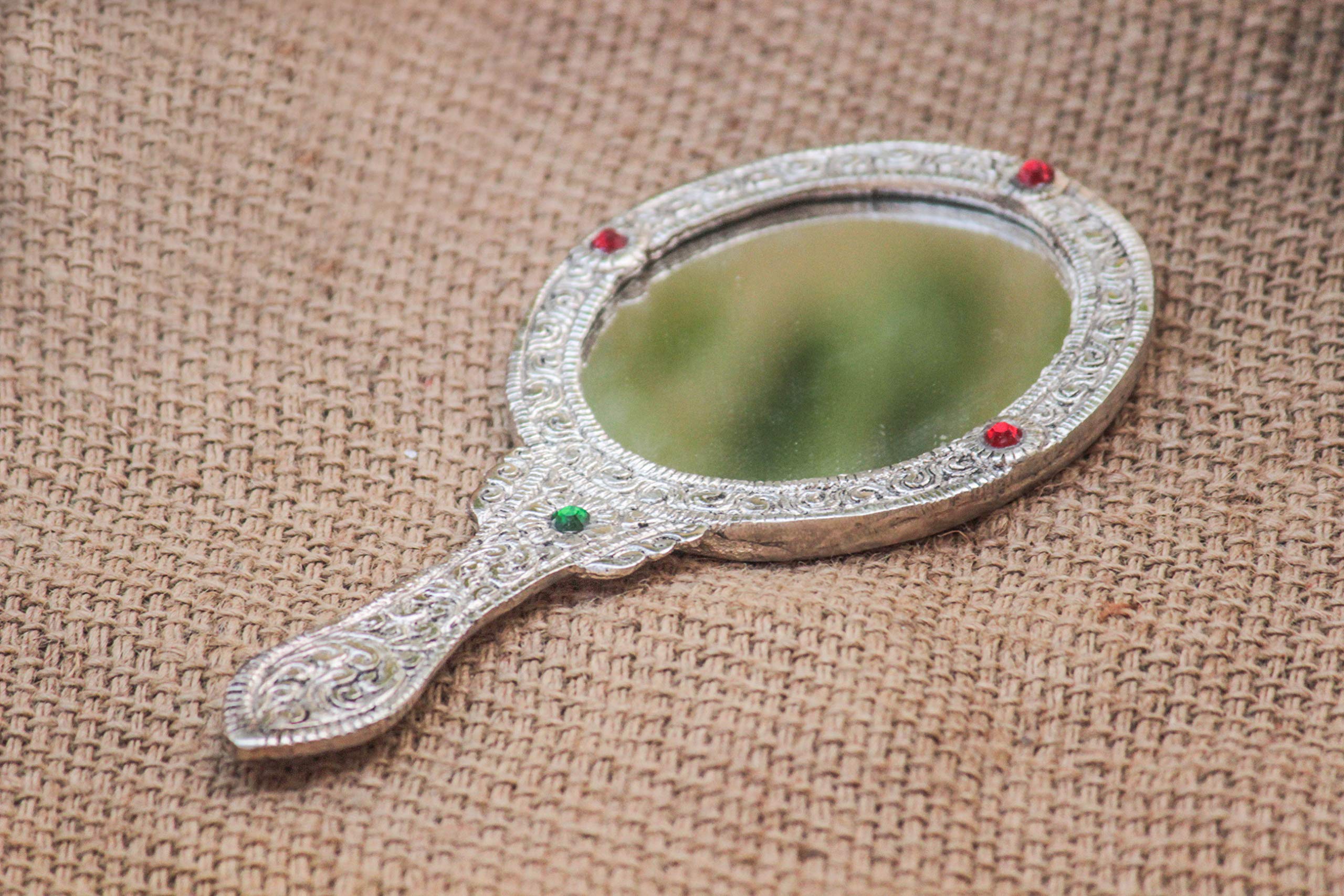 Metal Handheld Mirror with Handle Vintage Compact for Personal Makeup Vanity Portable Travel Skin Mirror (10X18 cm, Silver)-image-40