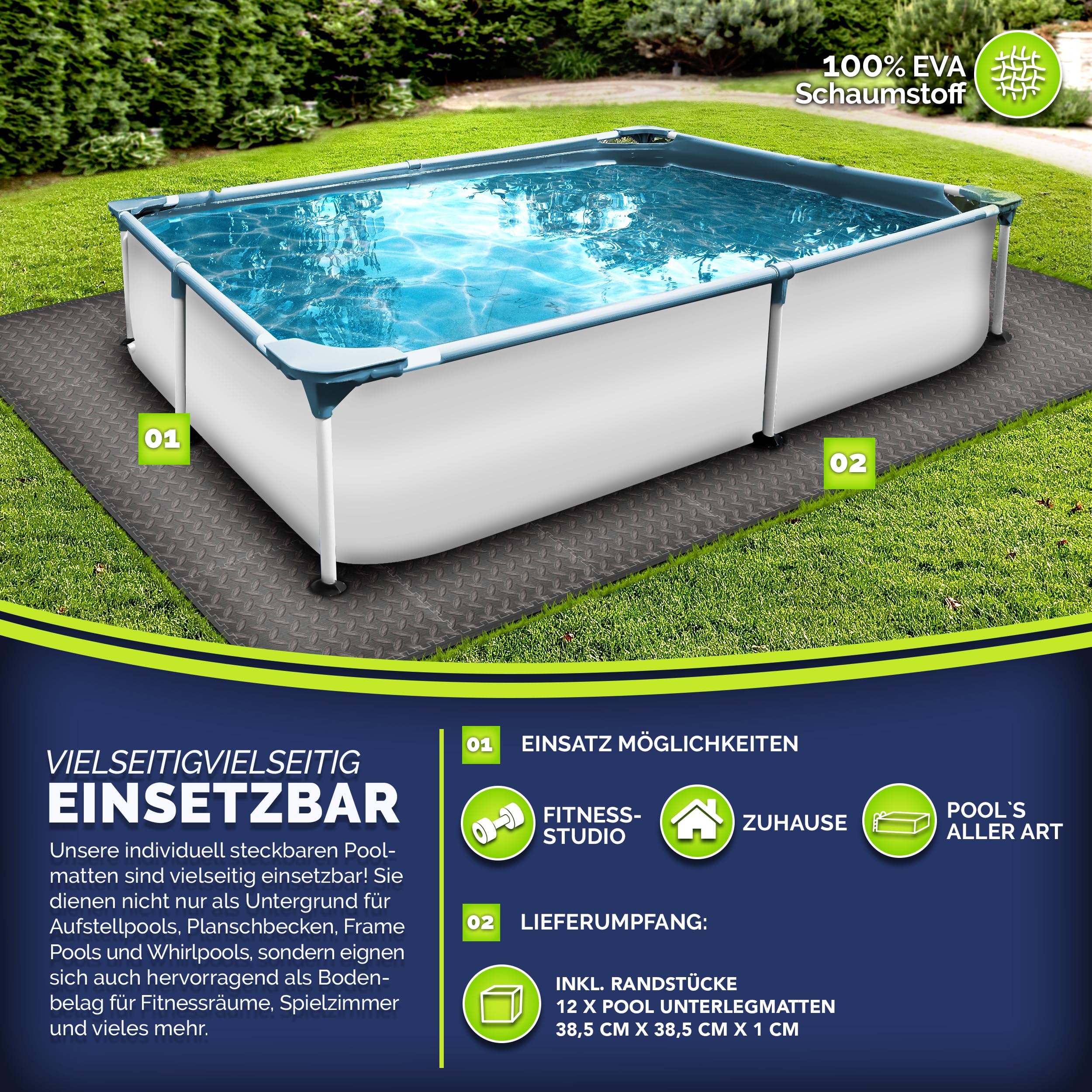 tillvex® Lot de 12 tapis de protection pour piscine | Tapis de sol pour piscine et bassin gonflable | Tapis de piscine pour extérieur | Tapis de protection thermique pour le fond de la piscine | Film