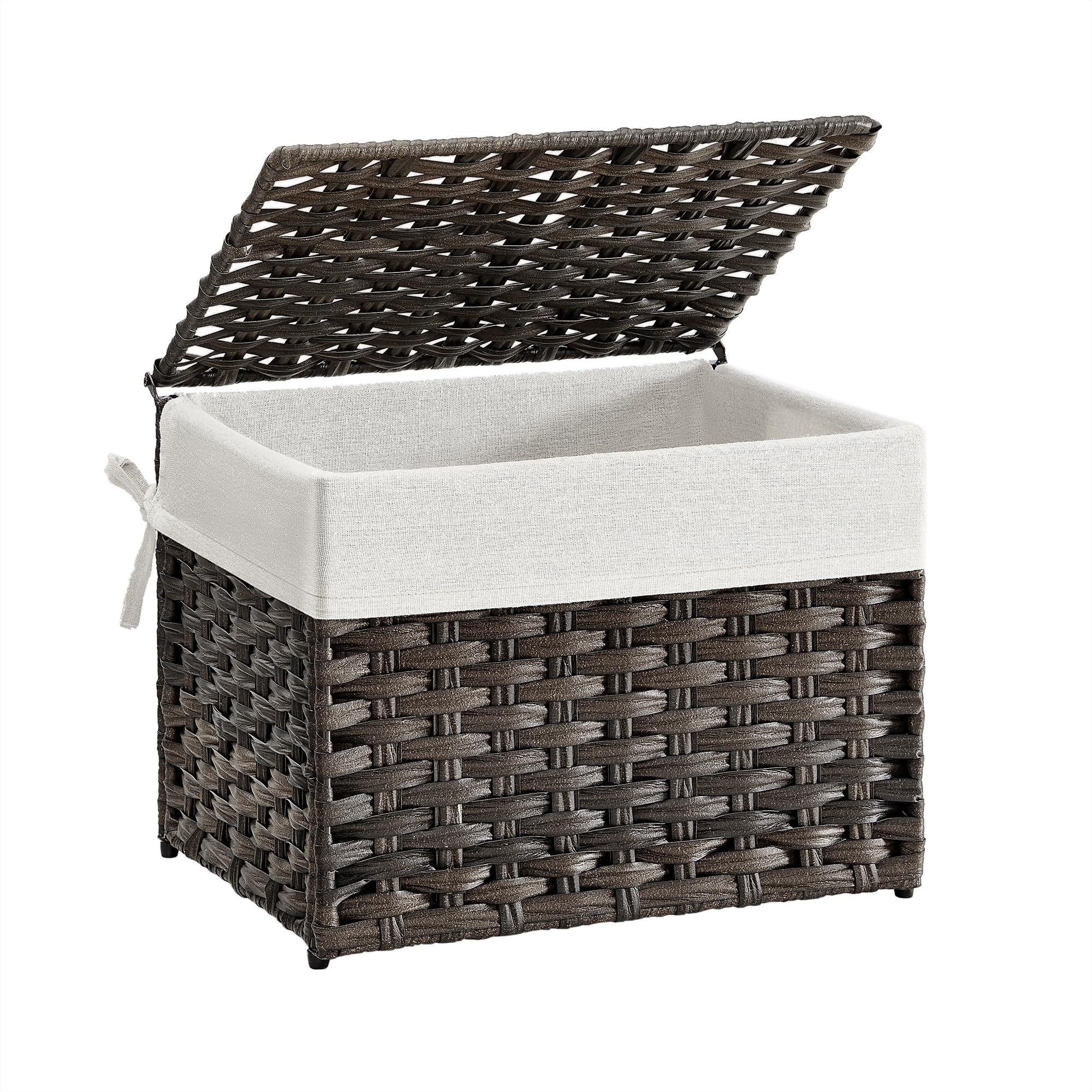 SONGMICS Storage Basket with Lid, Woven Blanket Storage Bin with Handles, Foldable, Removable Liner, Metal Frame, for Bedroom, Laundry Room, 9.2 Gallons (35 L), Brown URST040K01
