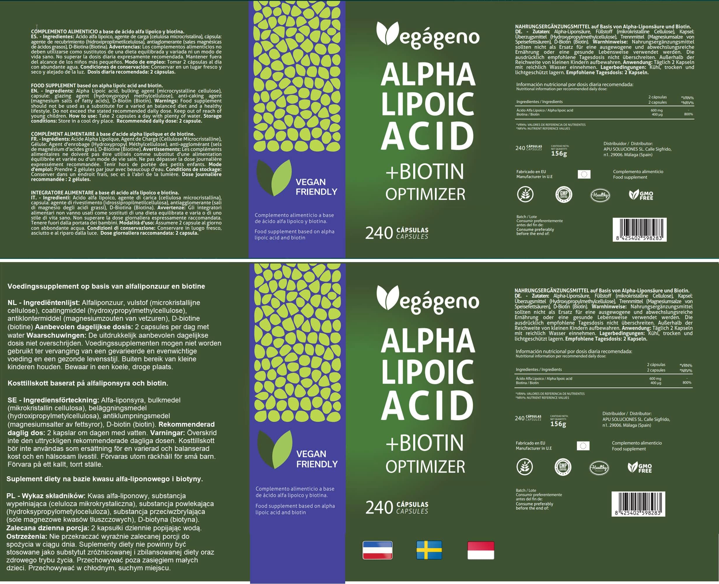 Acide Alpha Lipoïque (ALA) + BIOTIN Optimizer 600 mg. 240 gélules végétales. Approvisionnement de 4 mois. Absorption maximale. Antioxydant naturel. Sans gluten. Non OGM. Vegan