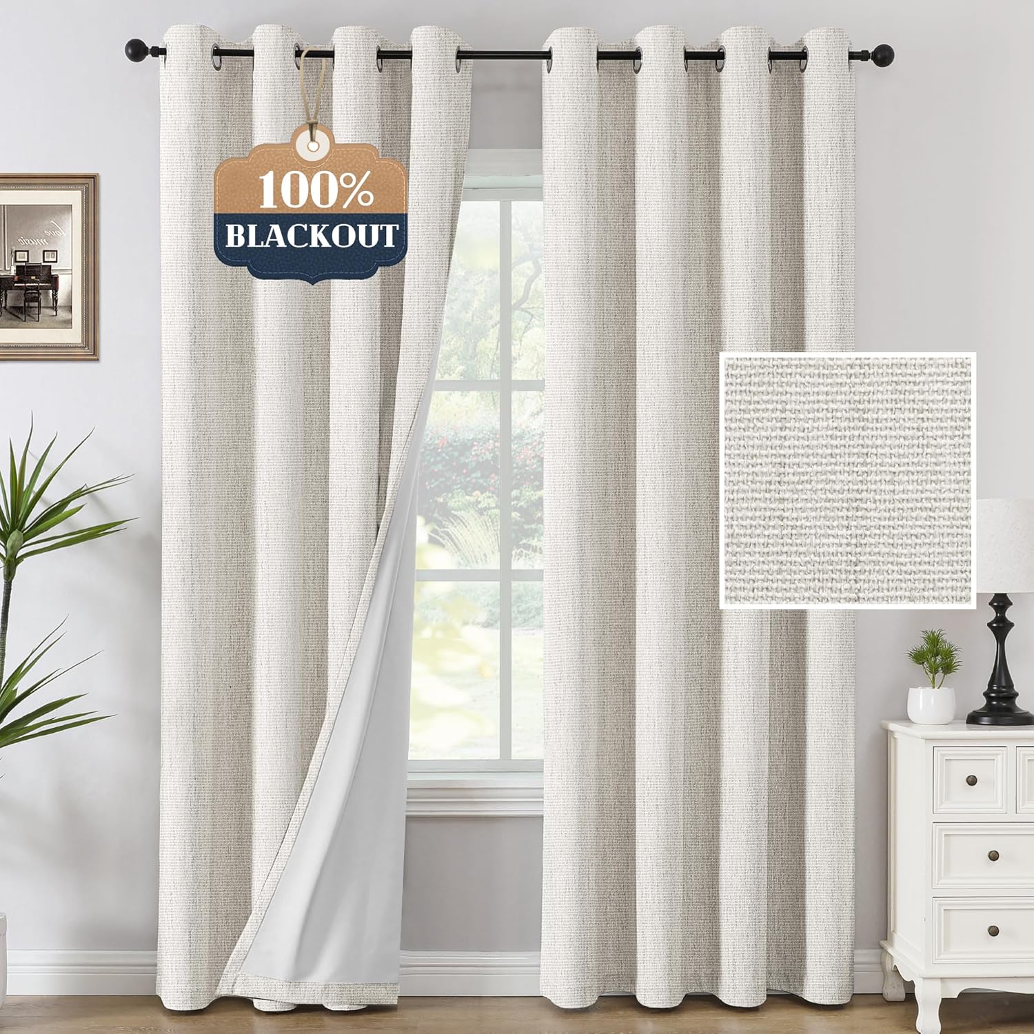 H.VERSAILTEX 100% Blackout Curtains Linen Textured Chenille Curtains Thermal Insulated Curtain 84 Inches Long with White Flocking Coating Back, 2 Panels, Heathered Ivory(Not Solid)
