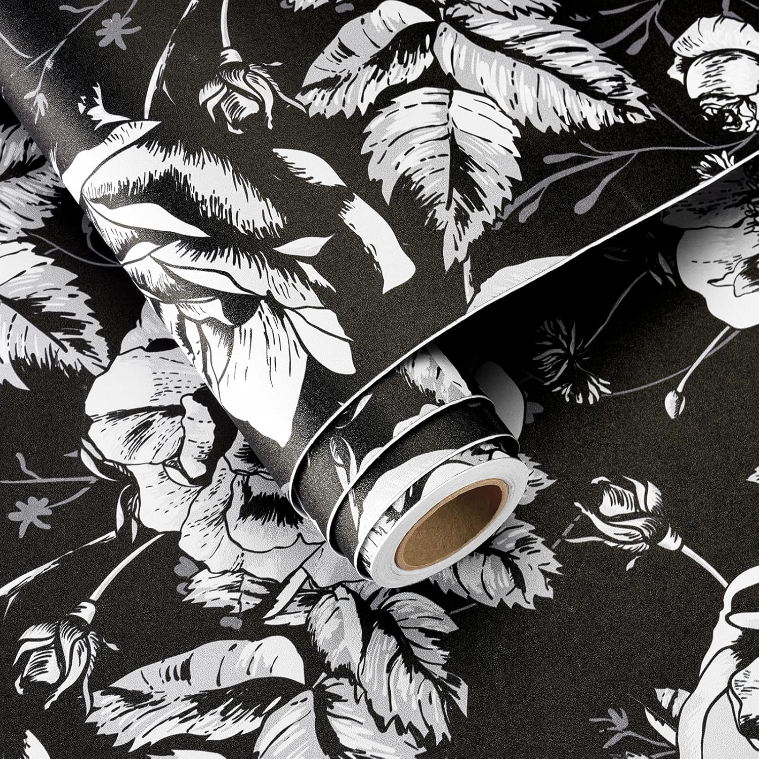 FunStick Vintage Moody Floral Peel and Stick Wallpaper, Black/White, 17.5" x 354", Straight Match, 43.5 sq ft, Waterproof Vinyl, Removable, For Bedroom, Bathroom, Kitchen, Nursery