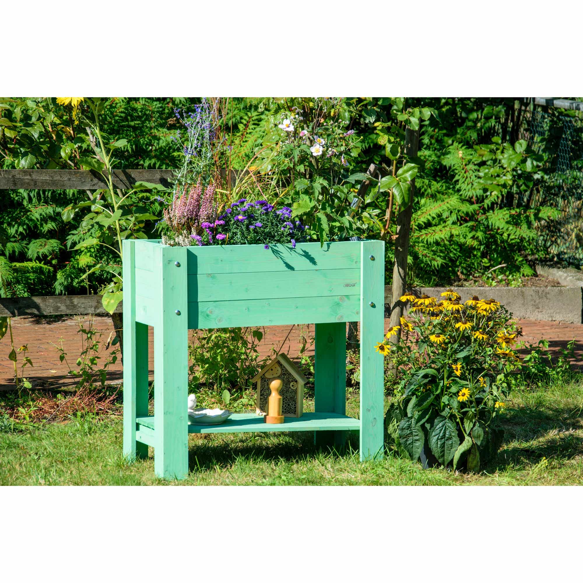 dobar 58292FSCe – Elegante bancal Alto Urban con Superficie de Almacenamiento – Bancal Elevado para Verduras con lámina – Jardinera Verde Menta para balcón, jardín y terraza