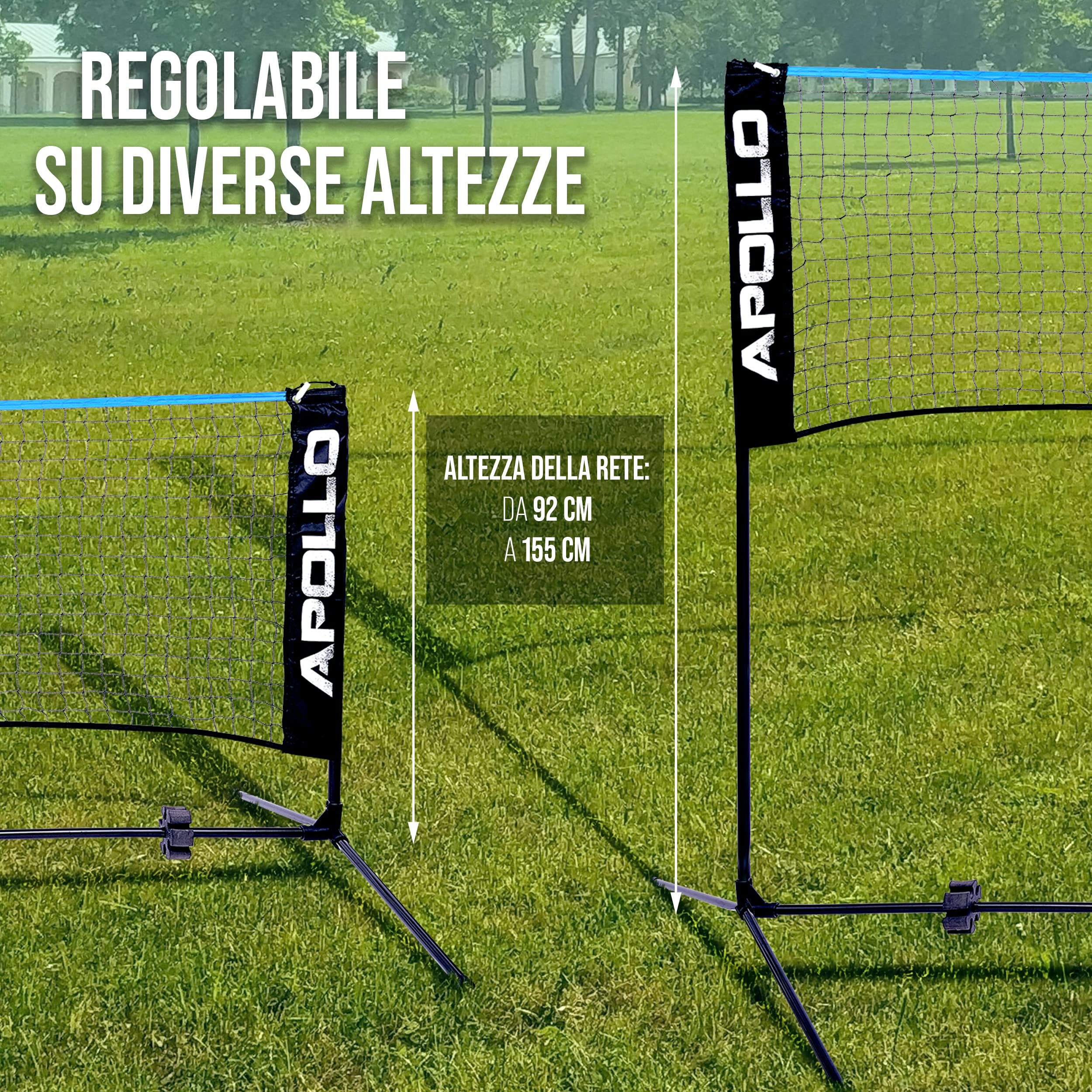 Apollo Rete Badminton, Rete Pallavolo | 300 cm | 400 cm | 500 cm | Badminton Set con Rete Regolabile su 3 Altezze, 3 Palline da Badminton, Telaio in Ferro, Borsa di Trasporto, Per Interni ed Esterni
