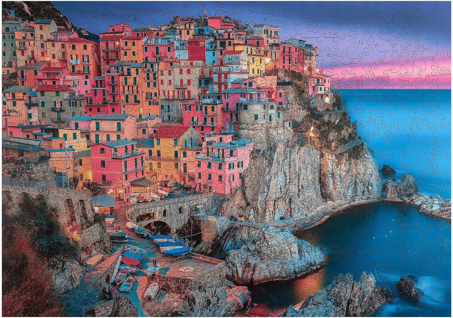 Buffalo Games - 500 Piece Wooden Jigsaw Puzzle - Cinque Terre - Unique Cut Pieces - Wooden Box - Full Size Poster, Ages 14