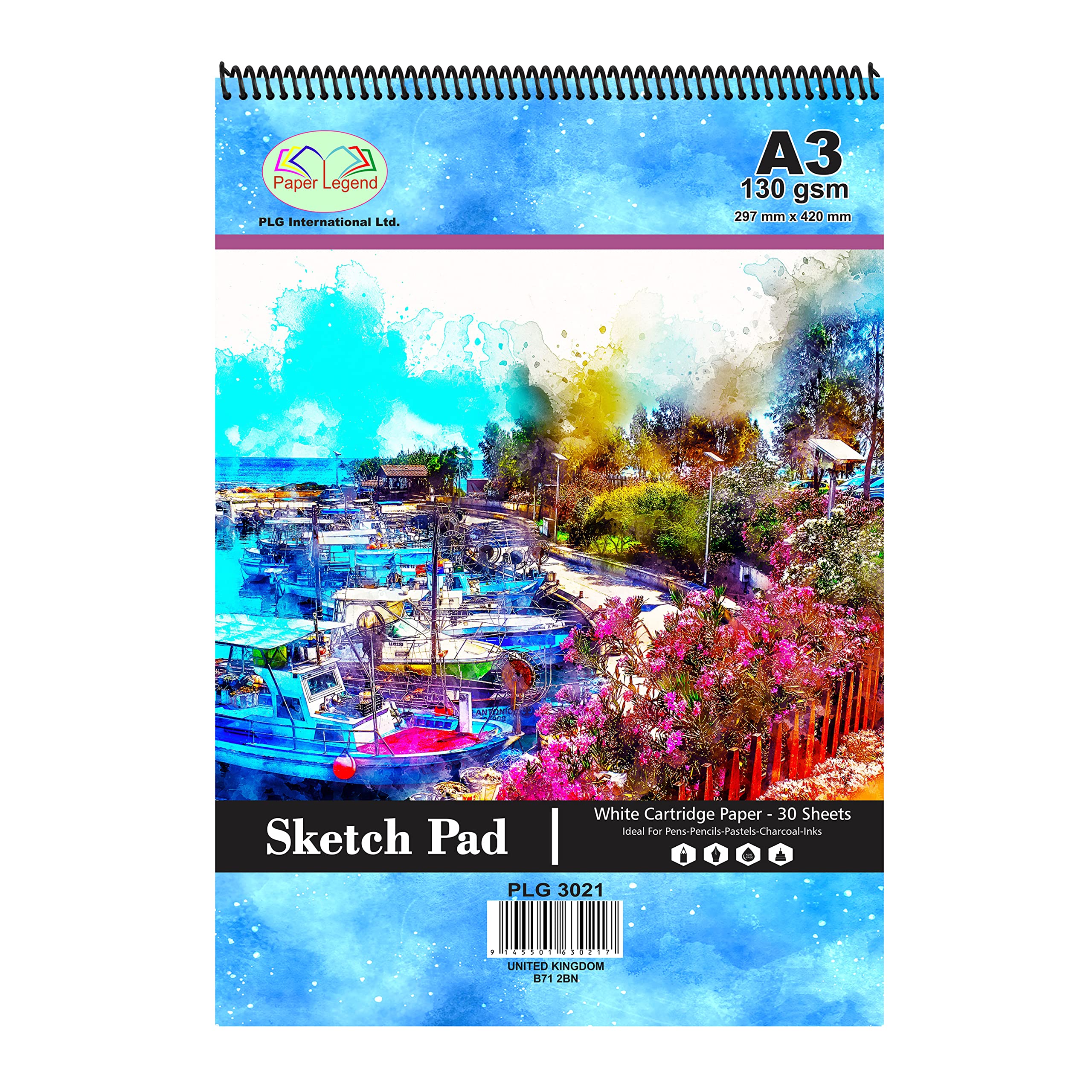 M1ss White A3 Spiral Sketch Pad 130 Gsm Paper Sketchbook, Hardback Sketch Pad (297 X 420 Mm) 30 Sheets