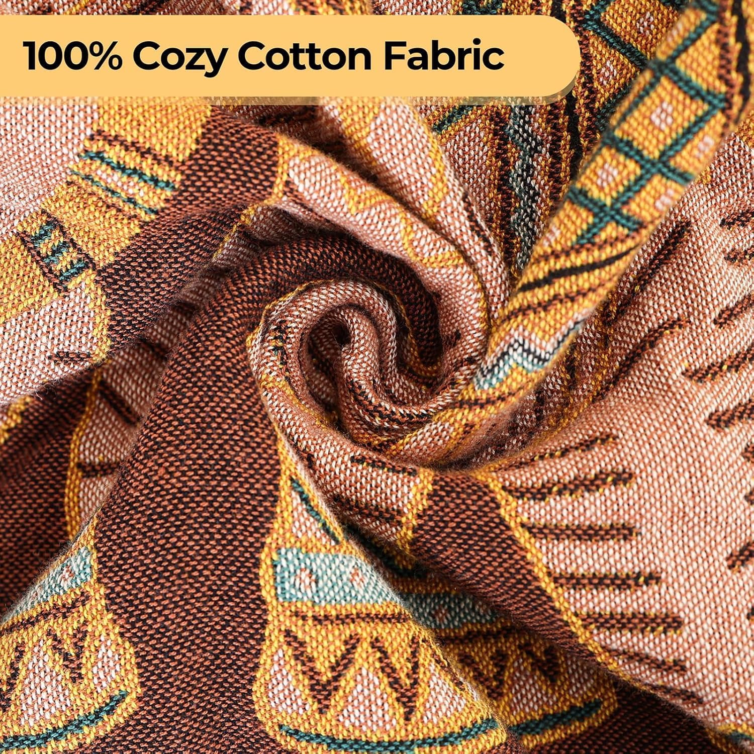 Boho Throw Blanket for Bed with Tassels,100% Cotton Ultra Soft and Cozy Large Blanket Elephant Printed Farmhouse Decor Bed Blankets,90"×98" All Season Rustic Throw for Sofa Couch Chair-Brown