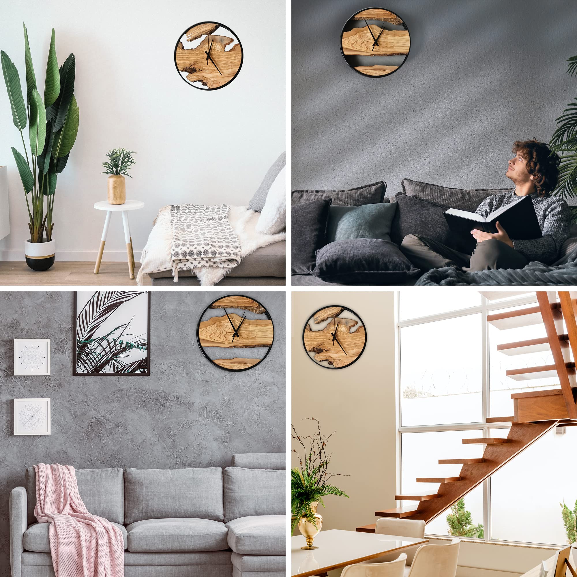 MODERNMOMENTS ® Wanduhr Holz ohne Tickgeräusche Handarbeit rustikal Olivenholz Holz Wanduhren modern Baumkante Holzuhr Wohnzimmeruhr Uhr Wand Massivholz Naturholz Clock Deko
