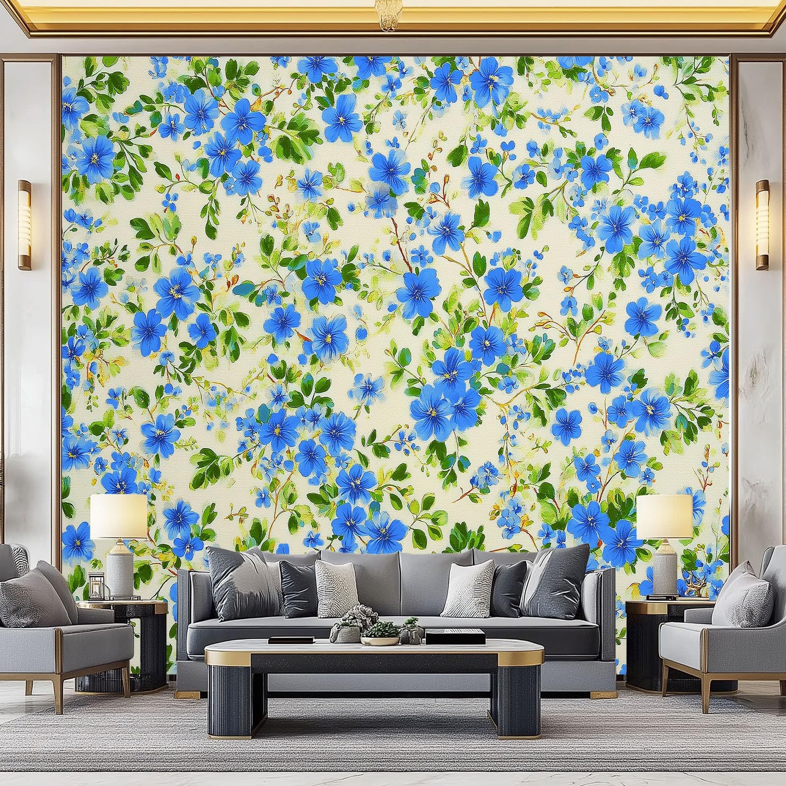 Générique Tapeta z włókniny w stylu vintage kwiatowy nadruk niebieskie liście 250 x 175 cm, panoramiczna zielona tapeta, łatwa do zainstalowania dekoracja ścienna do salonu sypialni kuchni