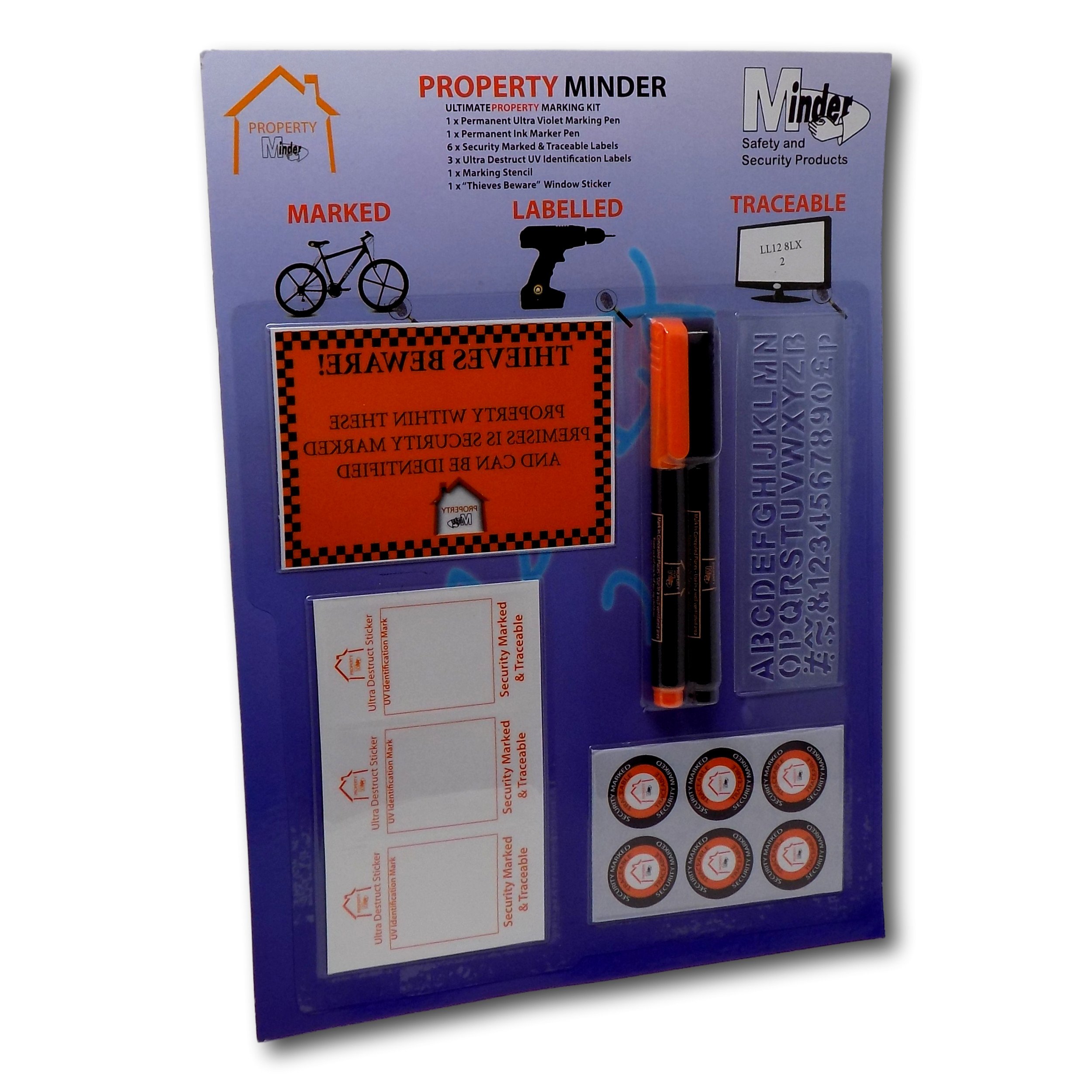 Minder Ultimate Property Marking Kit - Including Warning, Window & Ultra Destruct Stickers, Stencil, Invisible Ink UV Pen and Permanent Marker