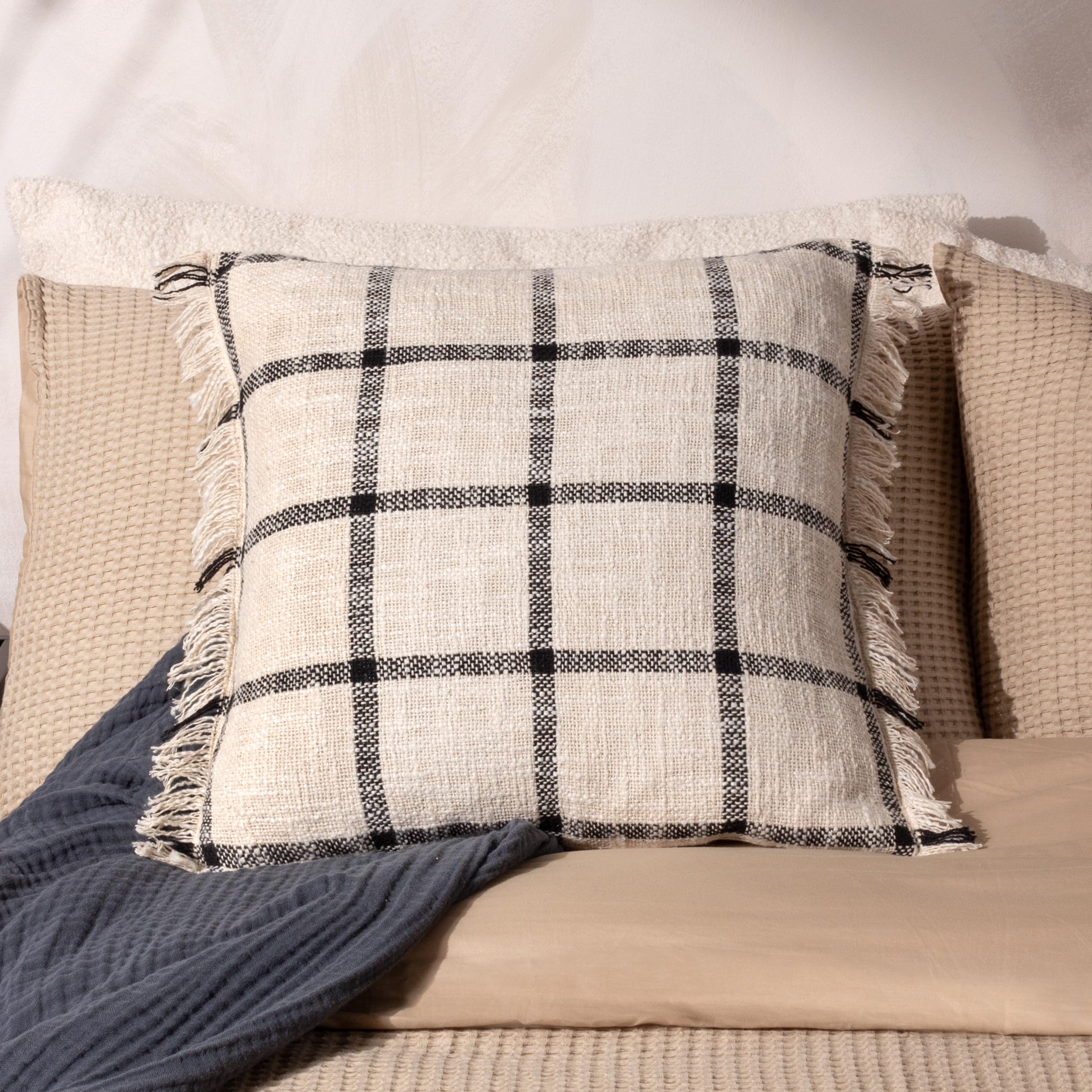 Yard Beni Check Cotton Fringed Feather Rich Filled Cushion