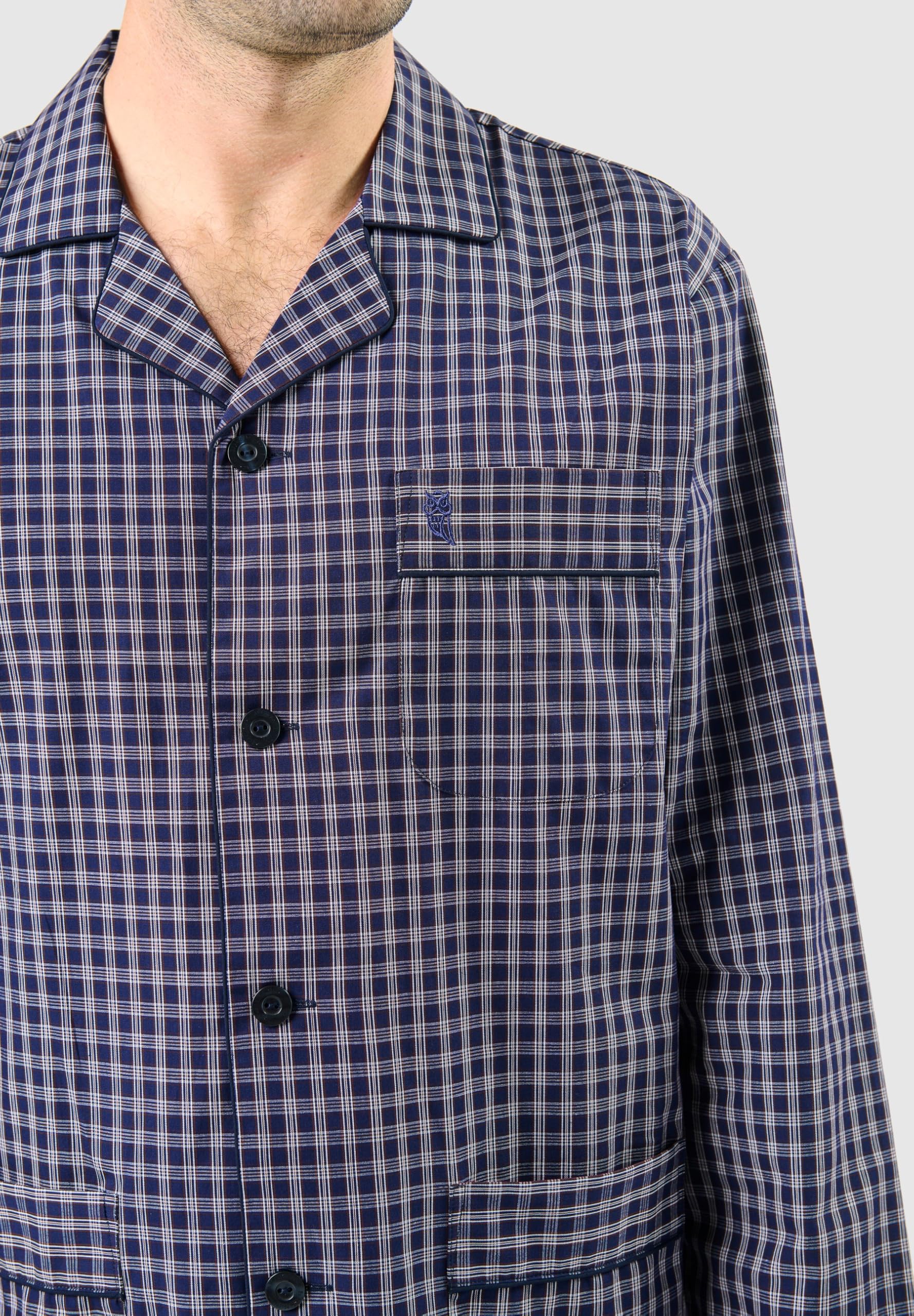 El Búho Nocturno Pigiama da uomo 100% cotone, tessuto classico, due pezzi, maniche lunghe, camicia, tasche, giacca, bottoni, apertura frontale, traspirante, taglie forti