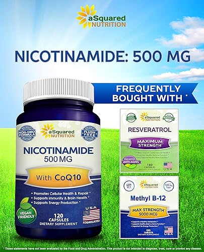 Miniatura 5 de Nicotinamida con CoQ10 (120 cápsulas) – Vitamina B3 500 mg (sin descarga de niacinamida) – Polvo de coenzima Q10 – VIT B-3 y Coq 10 píldoras de