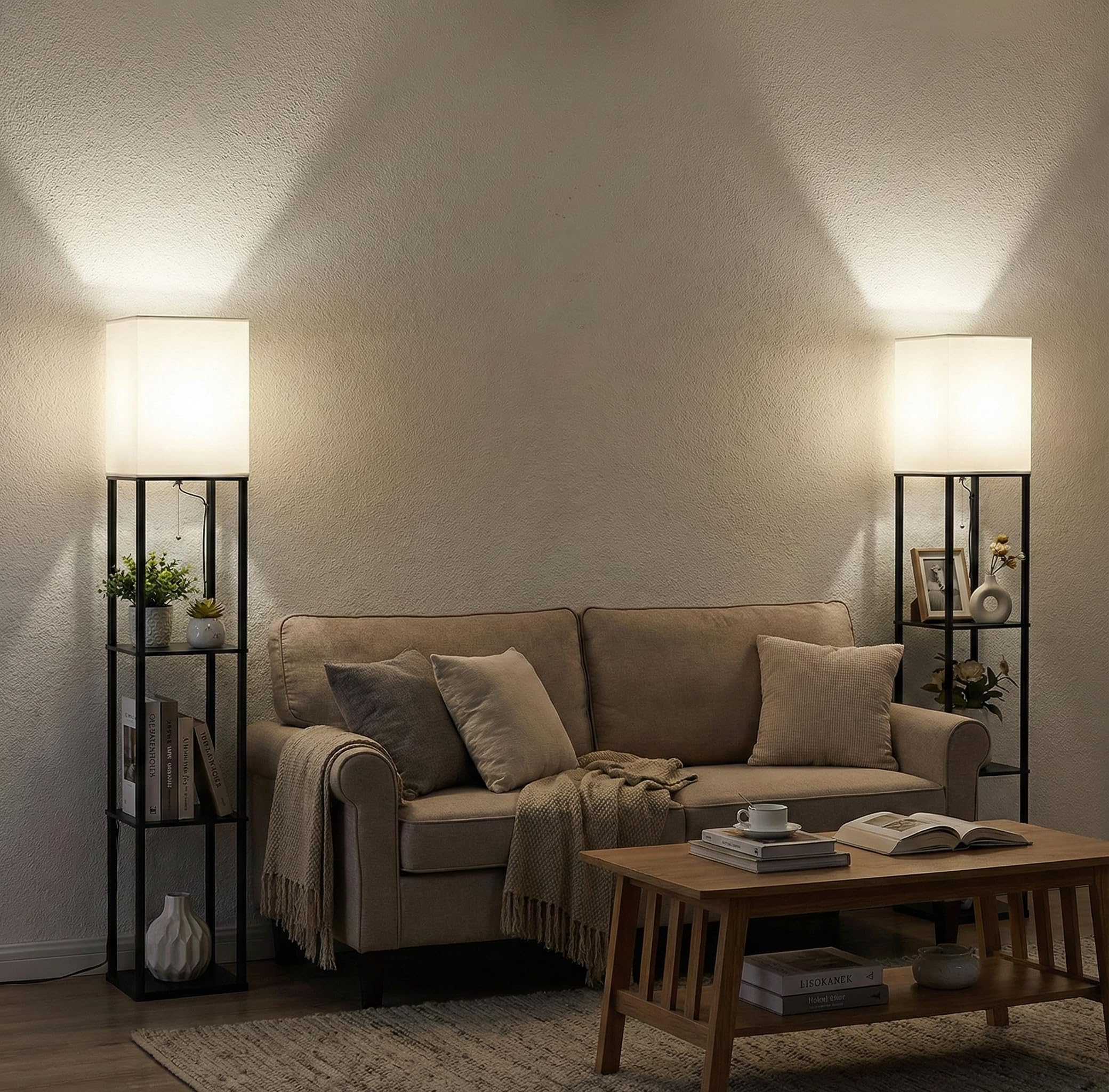 Stehlampe mit Regal aus Holz,2 er set,160 cm hoch Stehleuchte mit E27 Dimmbar 3-Farbtemperatur-LED-Lampe,Standleuchte mit Weiß Lampenschirme,Lampen für Schlafzimmer Wohnzimmer Ecke Flur Büro,Schwarz