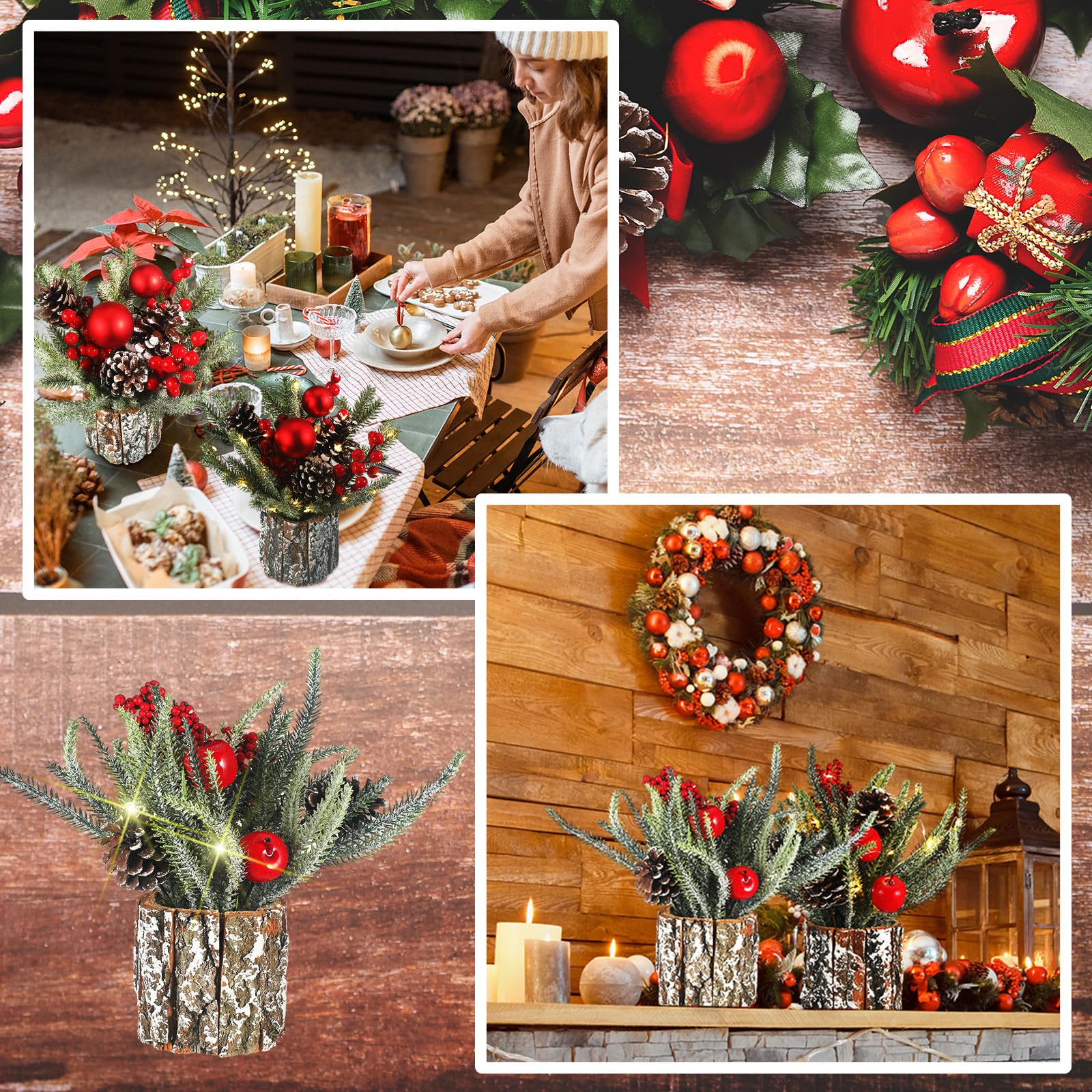 Lyrow Lot de 2 mini sapins de Noël en pot pré-éclairés avec lumières - Mini décorations de table artificielles avec baies et pommes de pin, 35 x 30 cm