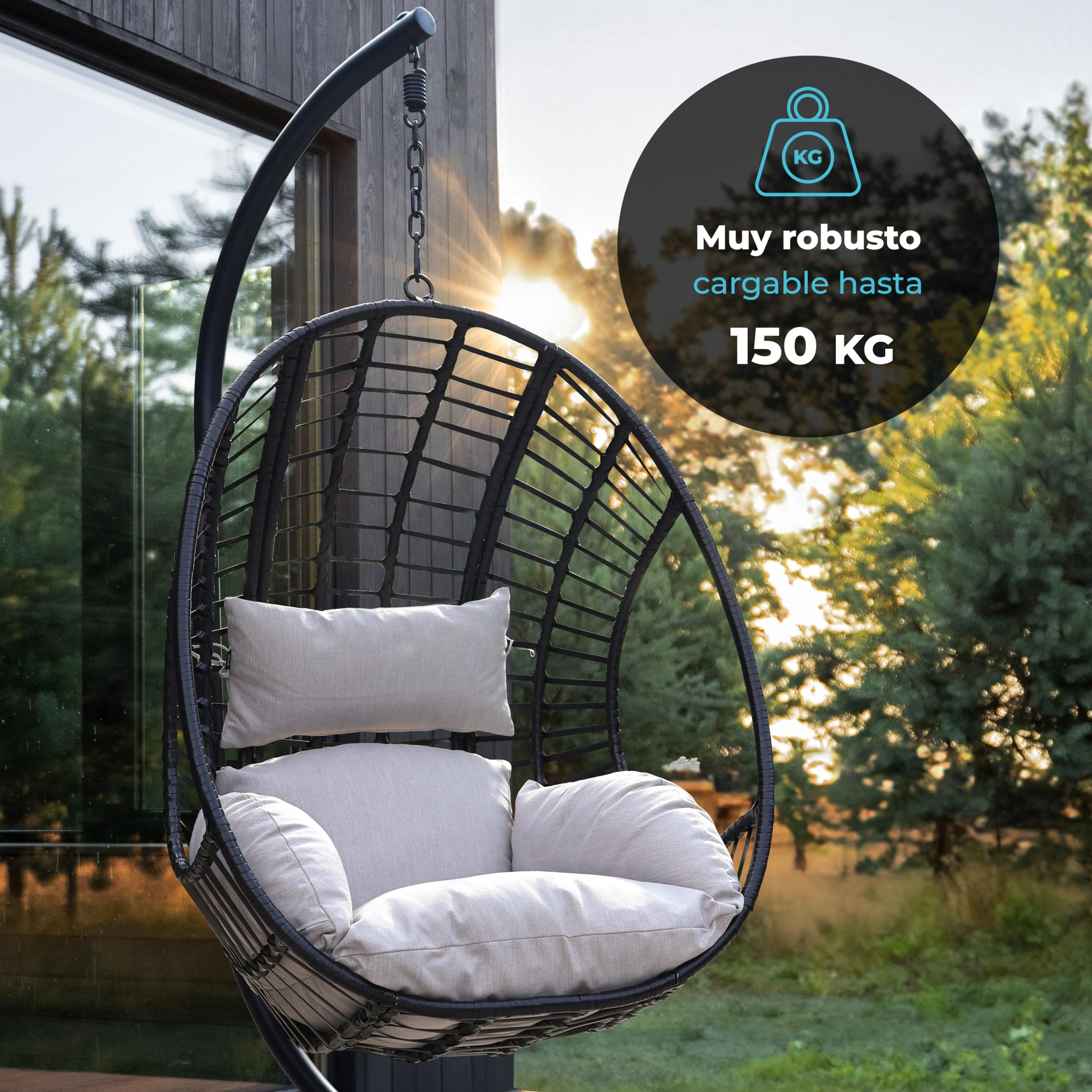 Swoods XXL Silla Colgante de Jardín - para Interior y Exterior - Silla Colgante con Base - Incluye Cojines y Funda Protectora- Resistente a la Intemperie - Carga máxima 150 kg (Gris Claro)