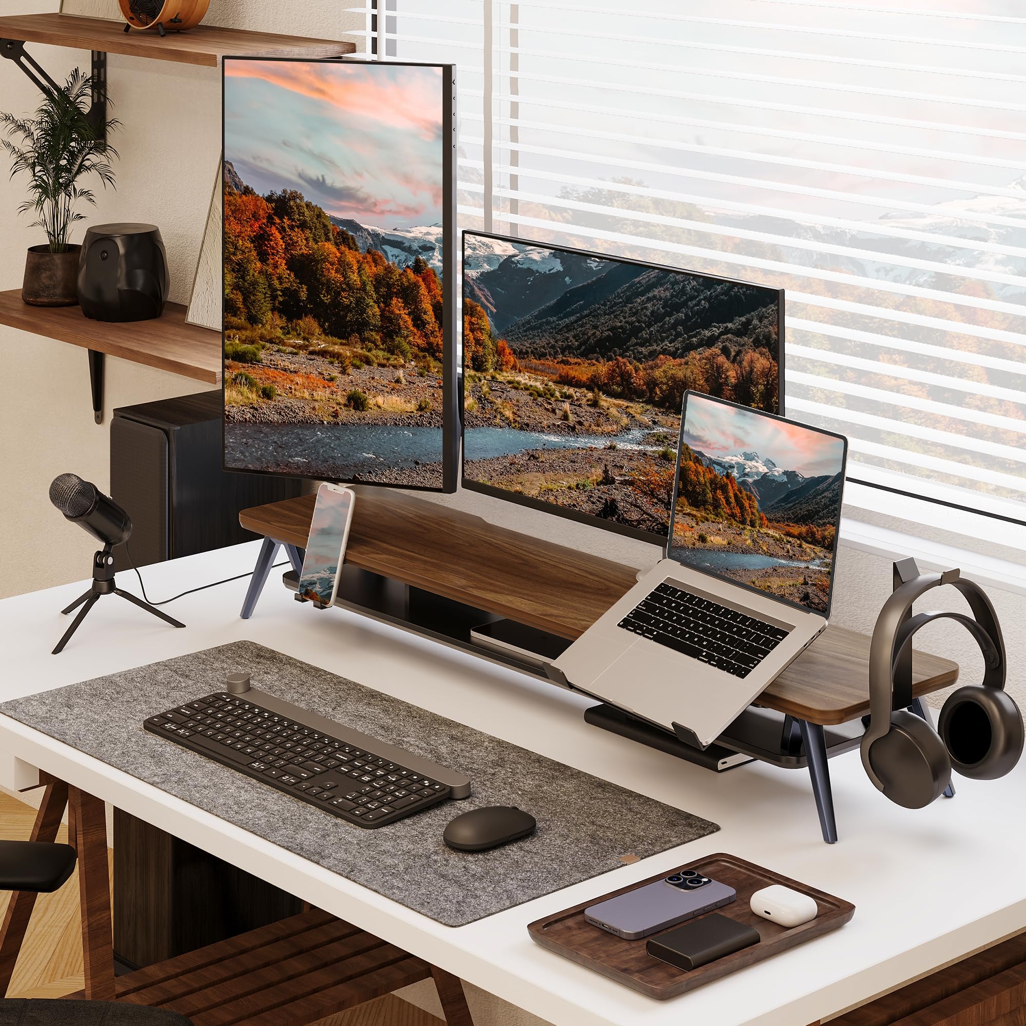 Fenge Dual Support d'Écran d'Ordinateur pour Téléphone/Pad,Ordinateur,Tablette,Casque Grand Écran Multifonctionnel À 2 Niveaux pour Ordinateur Portable, 108 x 23,5 x 14,5 cm-Charge de 50kg (Marron)