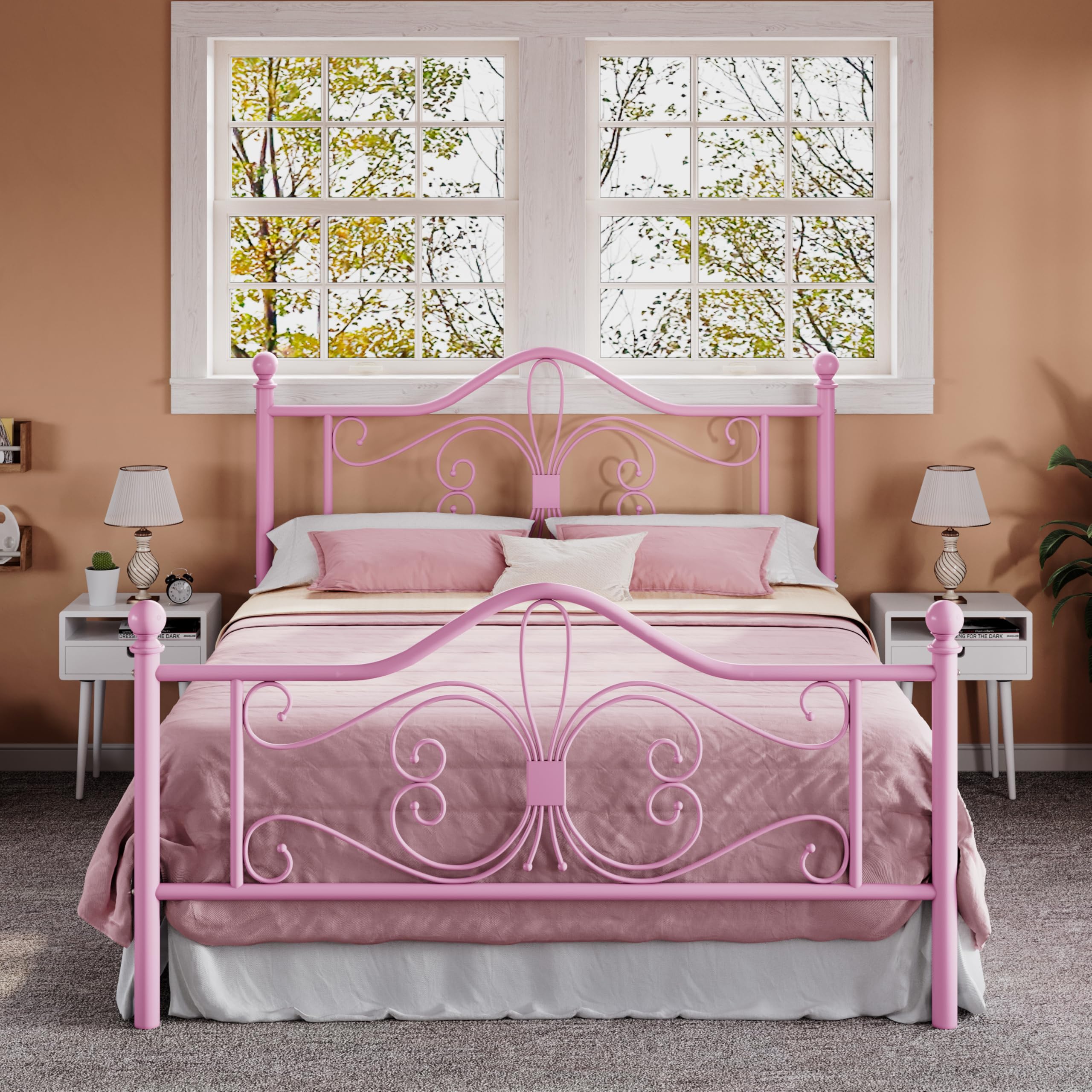 Allewie Full Size Bed Frame with Headboard,Metal Bed Frame with Butterfly Pattern Design Headboard & Footboard,No Box Spring Needed,Easy Assembly,Pink