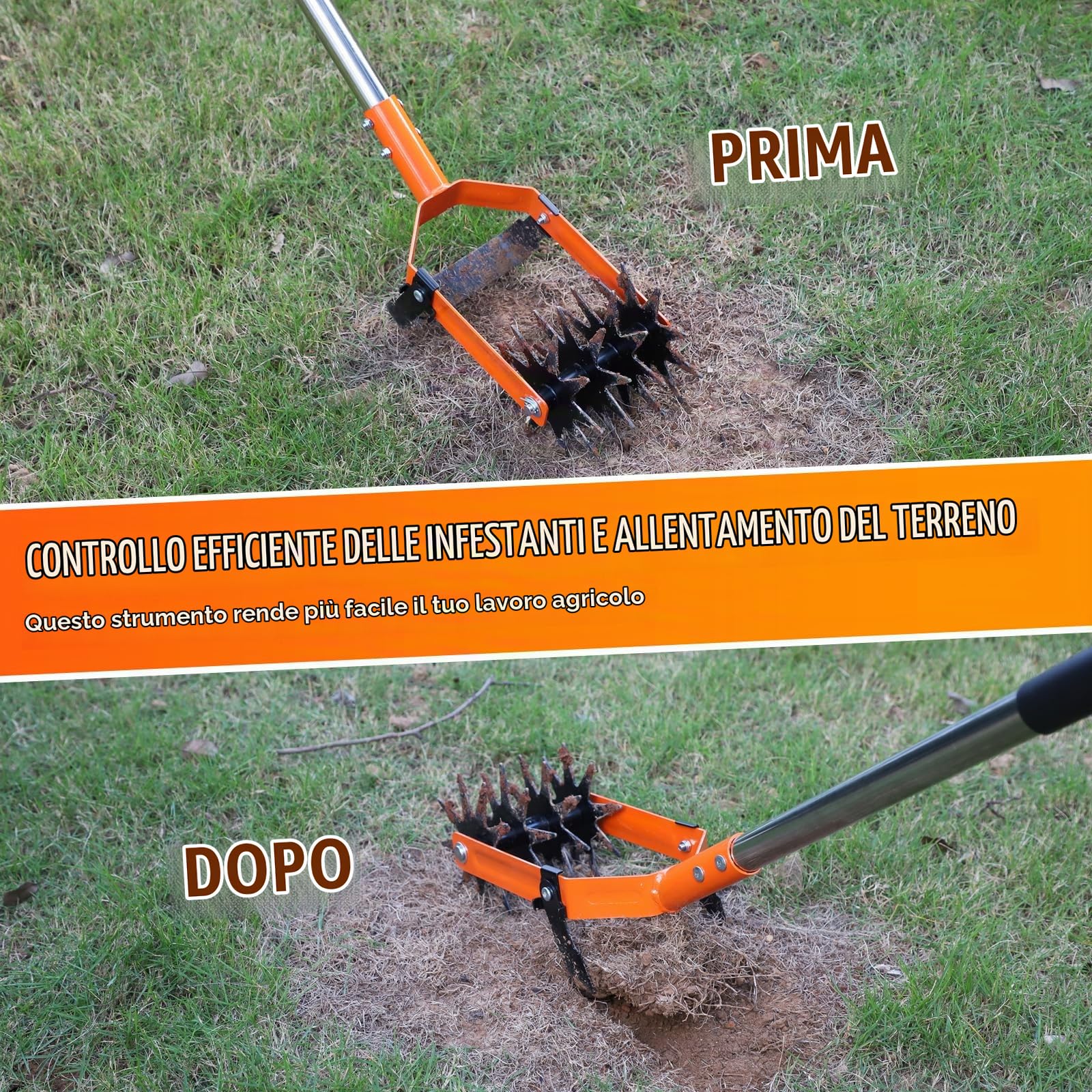 SWAWIS Attrezzo Rotativo per Coltivatore da Giardino con 4-Sezioni Manico in Acciaio Inossidabile, Fresa Manuale con Jätemesser per Pulizia del Terreno e Controllo delle Erbacce, Regolabile