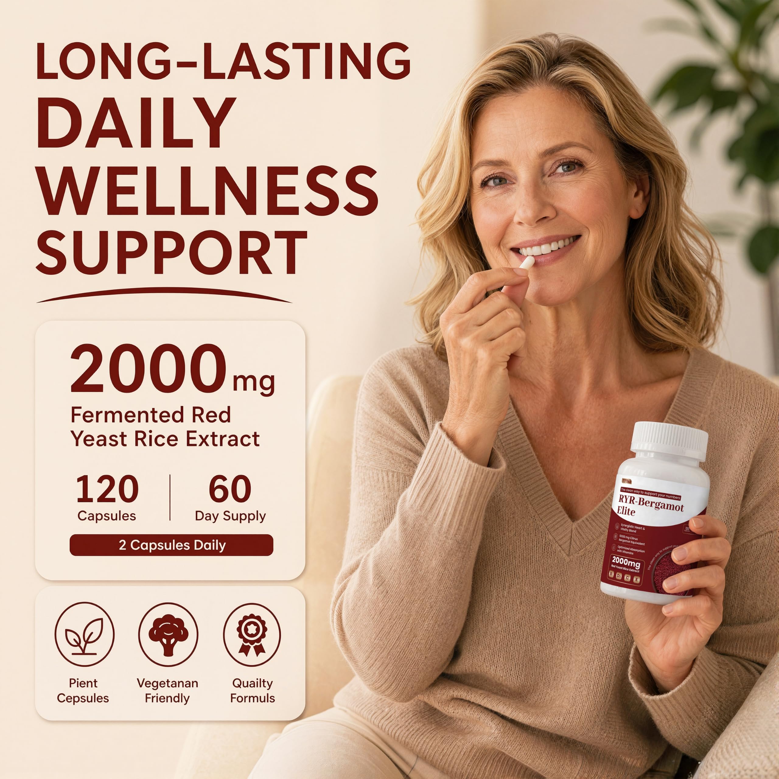 2000mg Red Yeast Rice with CoQ10 Supplement & Citrus Bergamot, 120 Capsules — Amazon image 6