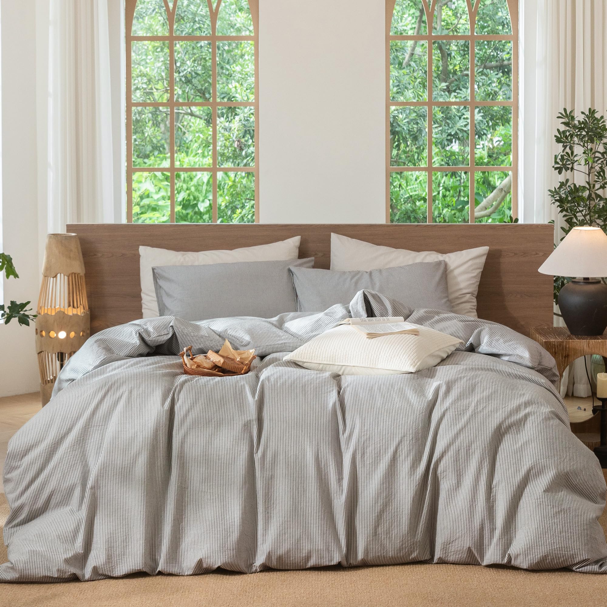 MooMee Striped Duvet Cover Set 100% Washed Cotton Linen Like Queen