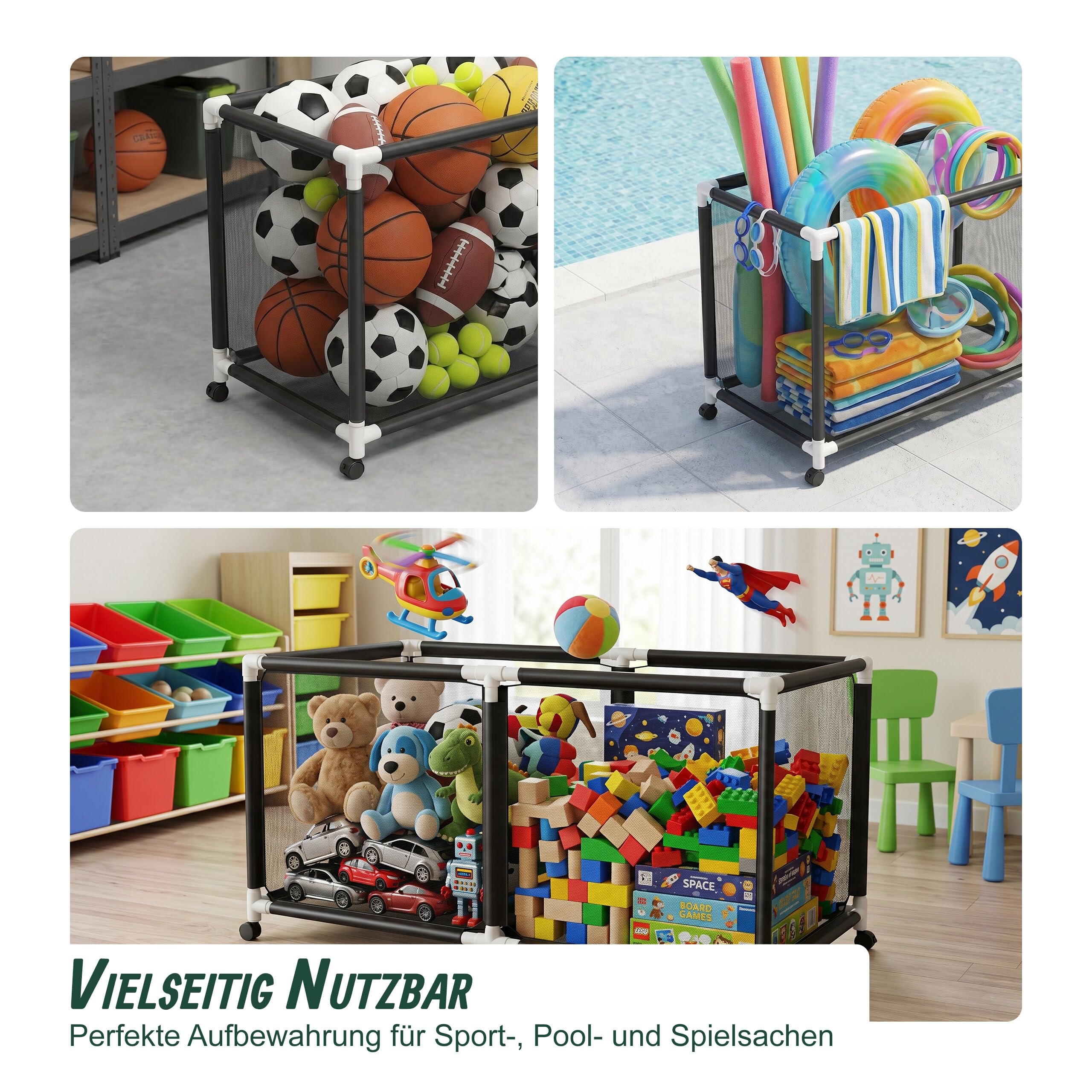 Relaxdays Ballwagen, 4 Rollen mit Bremse, Ballkäfig für Fußball, Basketball, Volleyball, Größenauswahl, schwarz