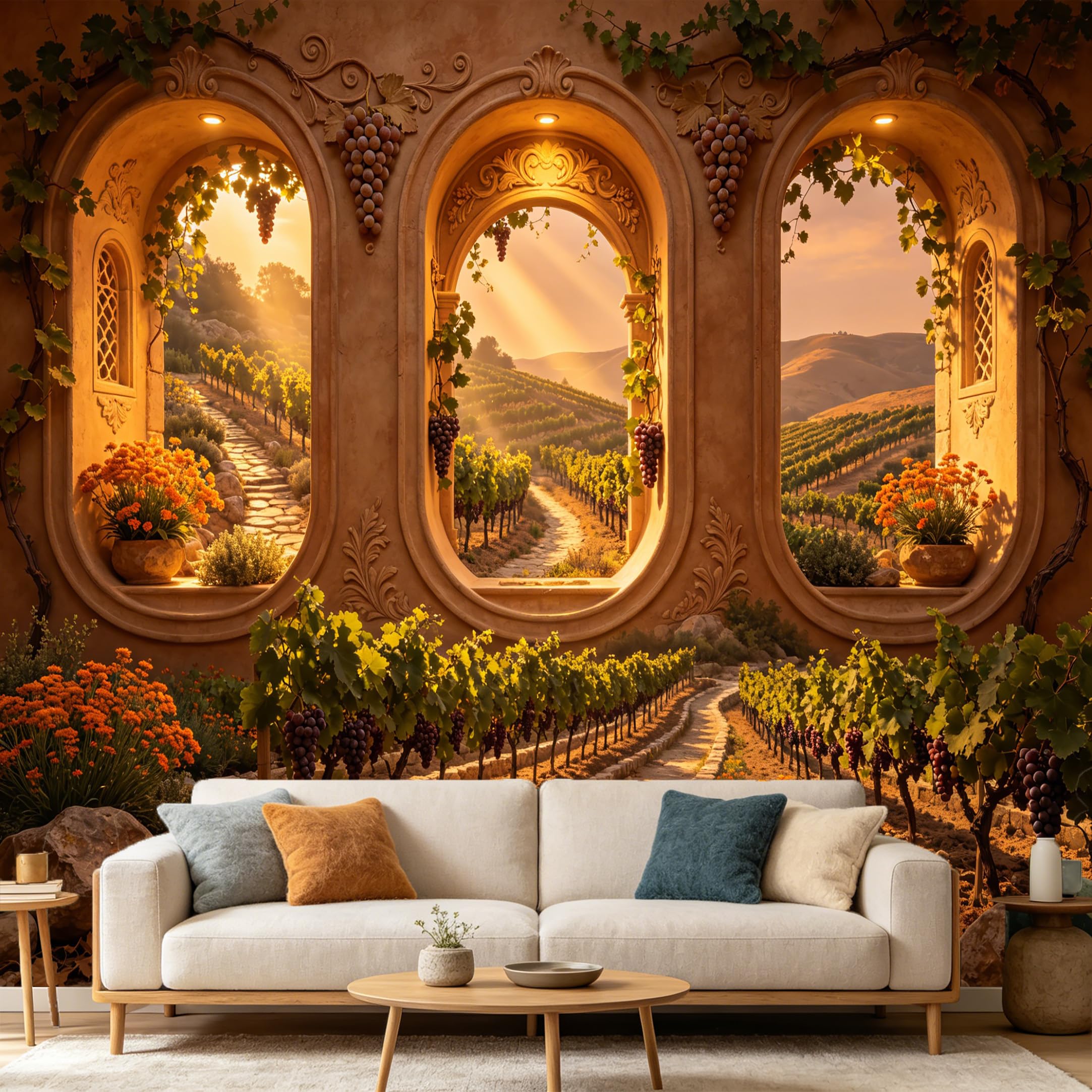 Custom Size Wall Mural， Tuscany Vineyard Wine Cellar Archway Sunset Landscape 3D Trompe L'Oeil， SelfAdhesive Art Prints wall Fabric Removable Large Wallpaper Home Living Room Decor