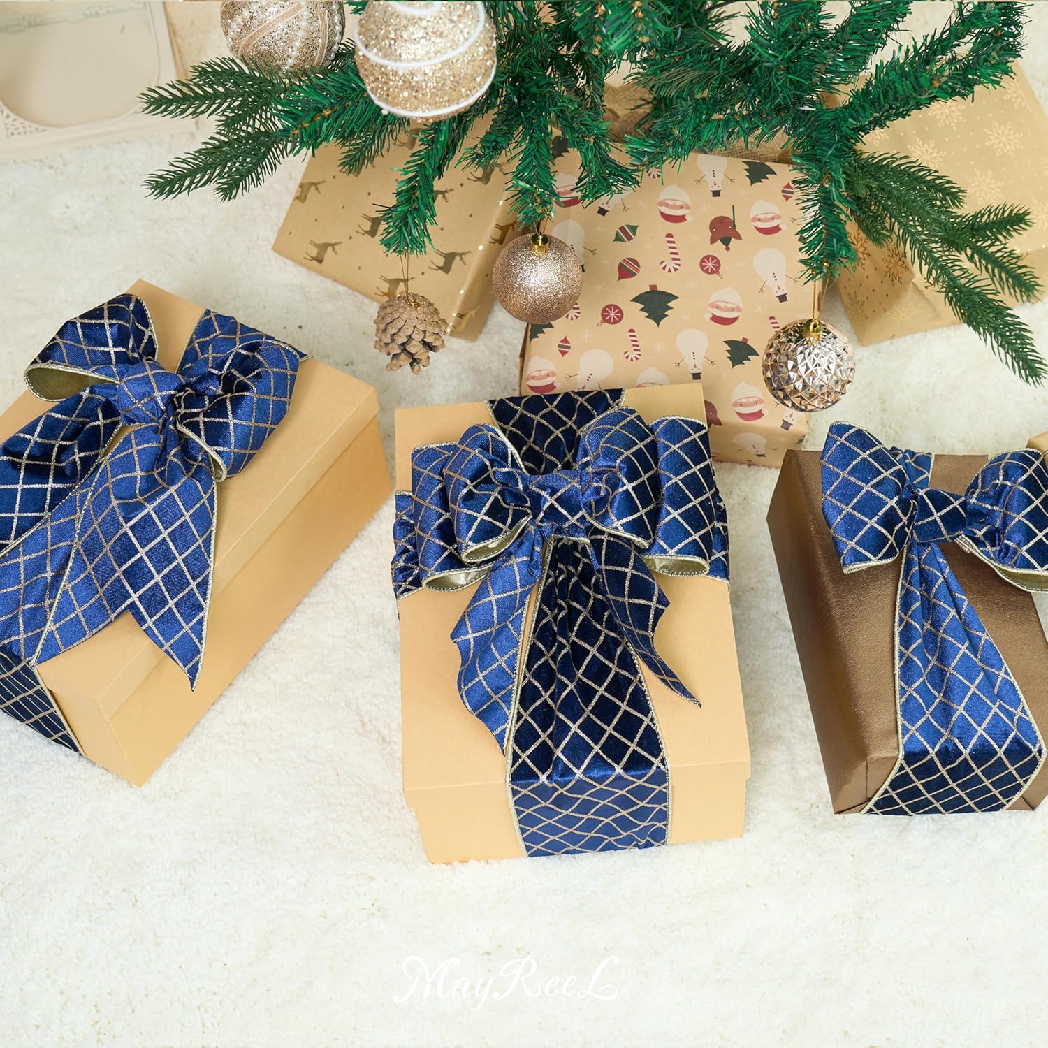 MAYREEL 4 Inch Navy Blue and Gold Velvet Wired Ribbon Metallic Diamond Glitter Grid for Christmas Gift Wrapping Floral Craft Bows Wreaths Garland Holiday Decor 10 Yards