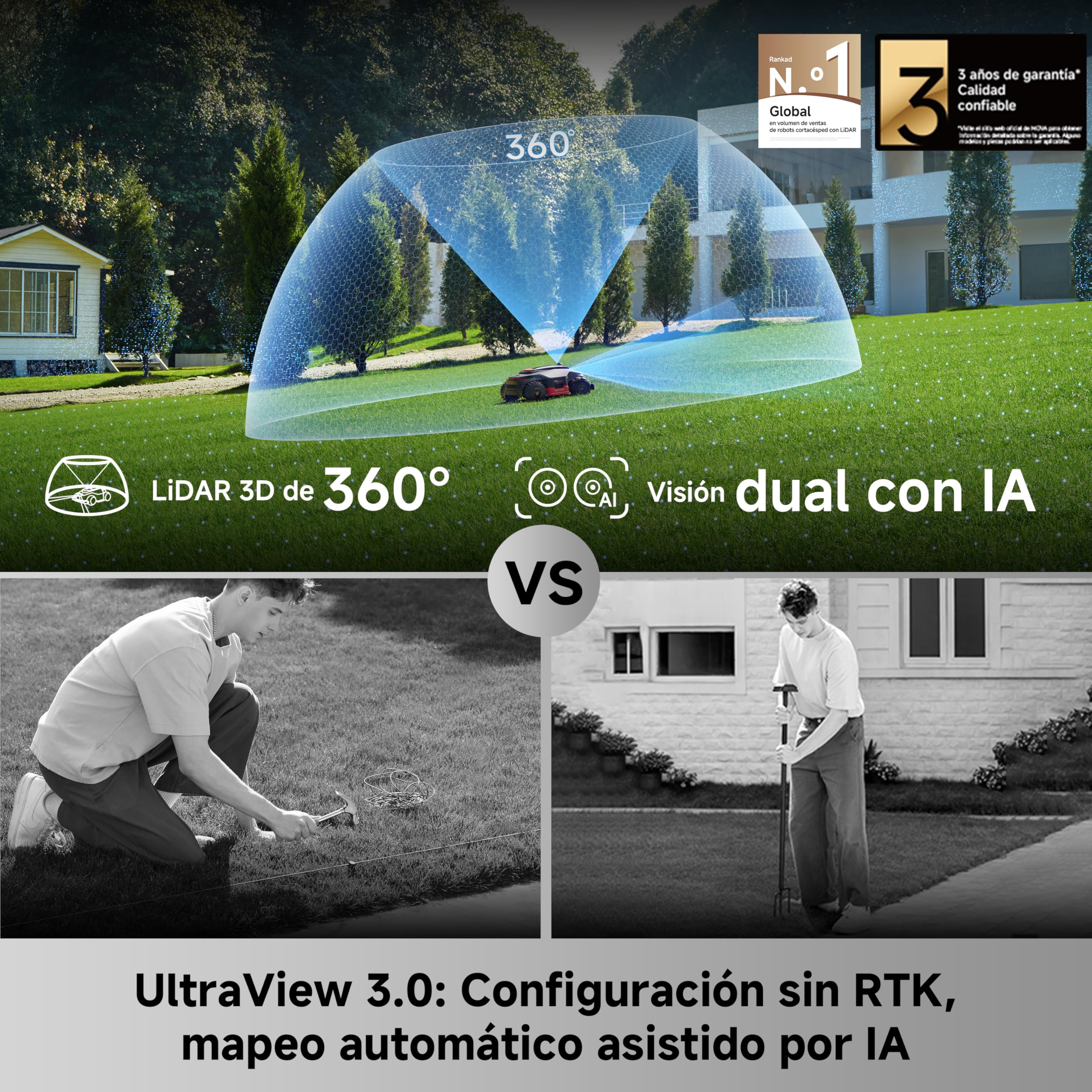 MOVA LiDAX Ultra 2000 AWD, Robot cortacésped, sin RTK, mapeo automático asistido por IA, LiDAR 3D de 360° y visión Dual con IA, AWD a 36 V para cuestas del 80%, 2 Discos (6 Cuchillas Cada uno)