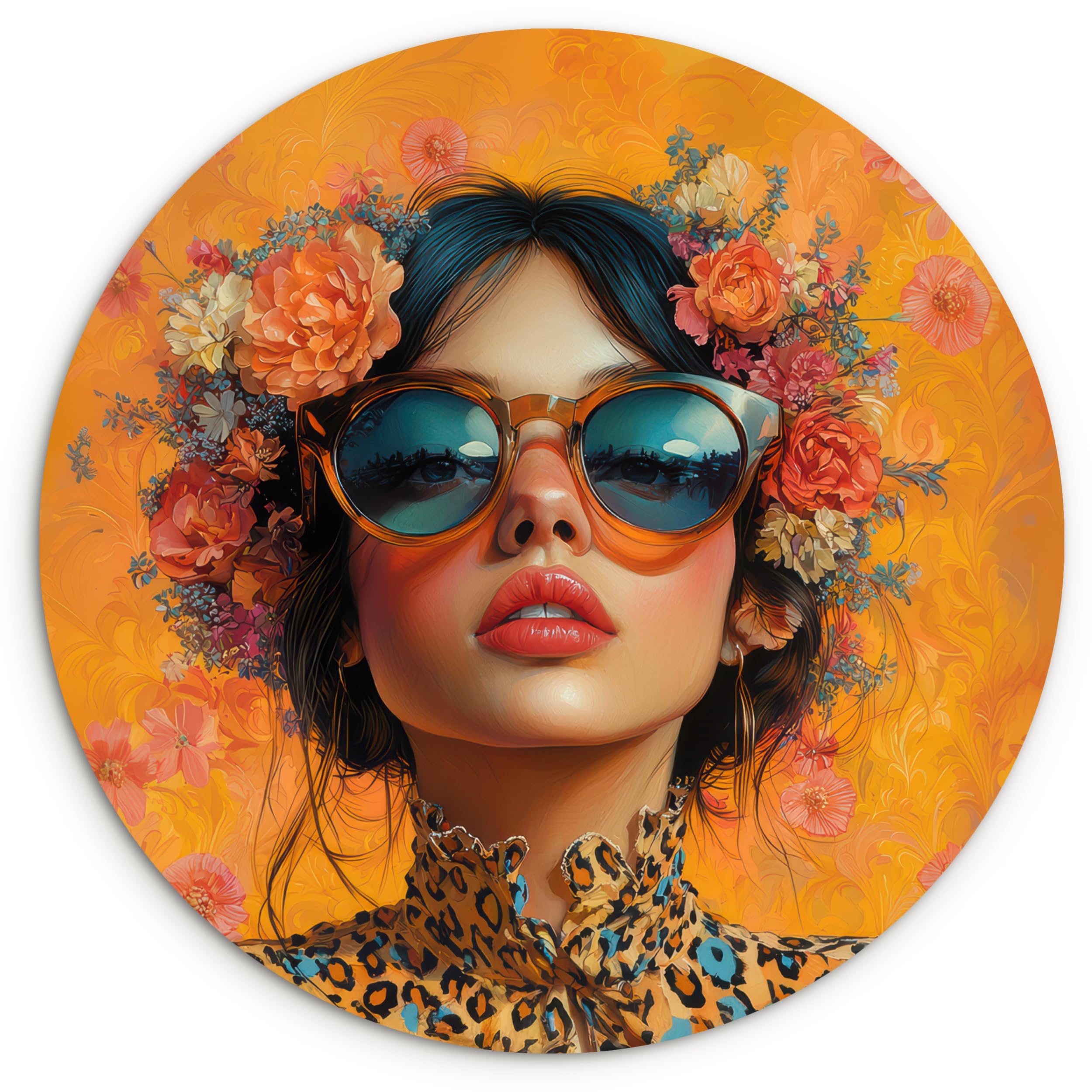 MuchoWow© Wandkreis Ø60 cm Home Decor Modern Dekoration Deko Wandbilder Wanddekoration Zimmerdeko Wohnung Wall XXL Wohnzimmer Schlafzimmer Frau - Blumen - Ästhetik - Orange