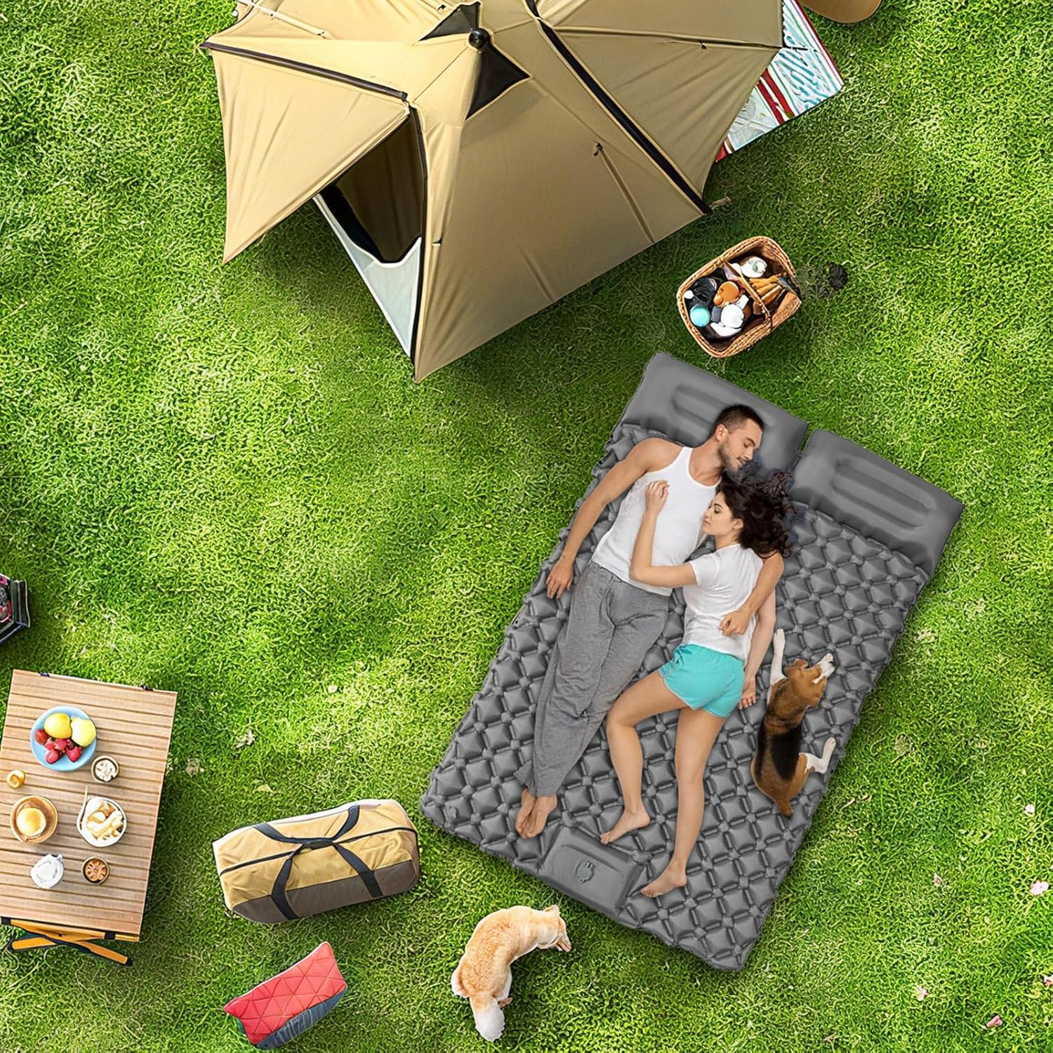 キャンピングマット - 二人用エアパッドと枕付き - 屋外テント