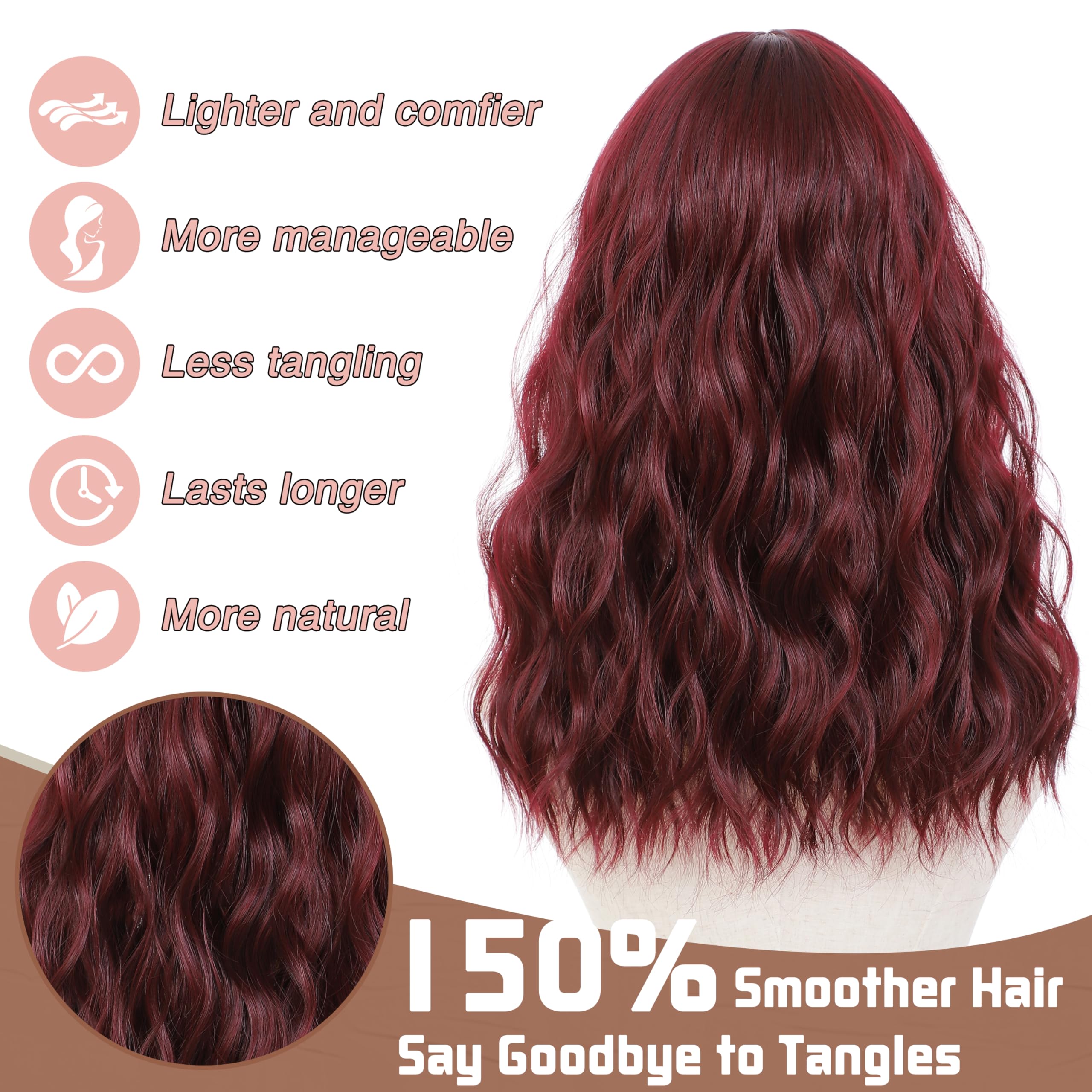 BUPPLER Burgundy Red Wig 18 Inch Medium Length Wigs for Women Middle Part Synthetic Hair Wavy Wig with Upgraded Strands,Natural Hair Wigs for Daily Party/Halloween Use 18Inch,Burgundy Red - Image 4