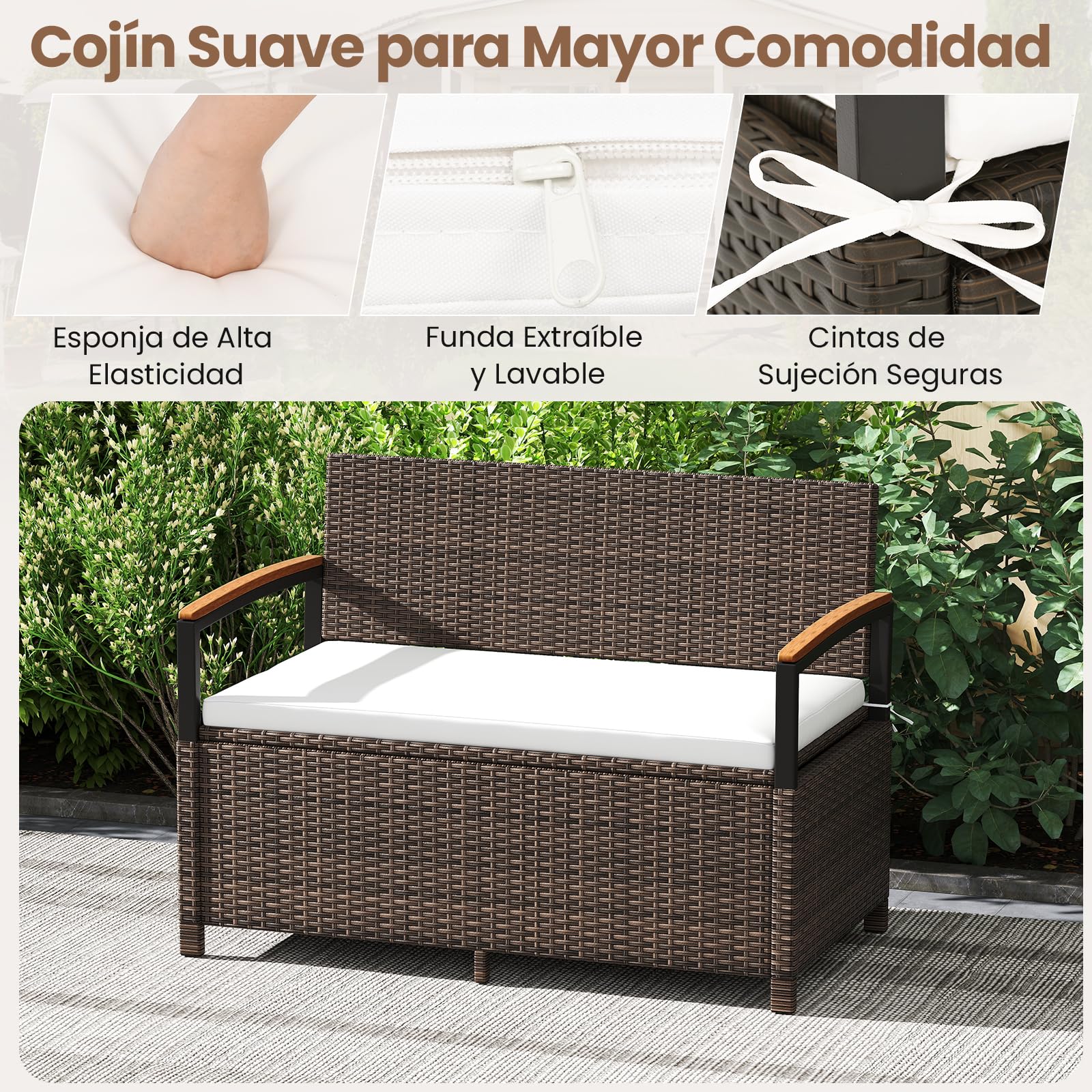 COSTWAY Banco de Almacenamiento Exterior Ratán, 175 L Baúl para Terraza con Cojín, Respaldo y Reposabrazos de Madera de Acacia, Sofá de Mimbre PE con Almacenamiento Oculto y Bolsa Impermeable (Blanco)