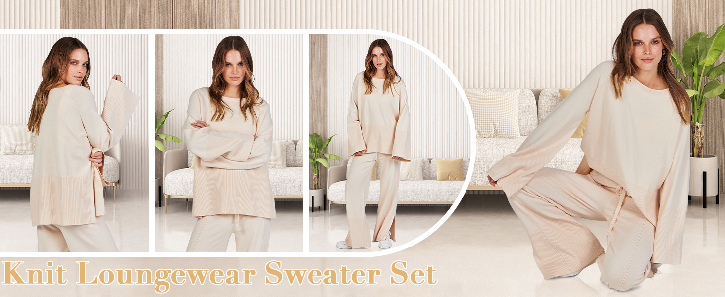 ANRABESS Womens 2 Piece Outfits Oversized Knit Sweater Set Wide