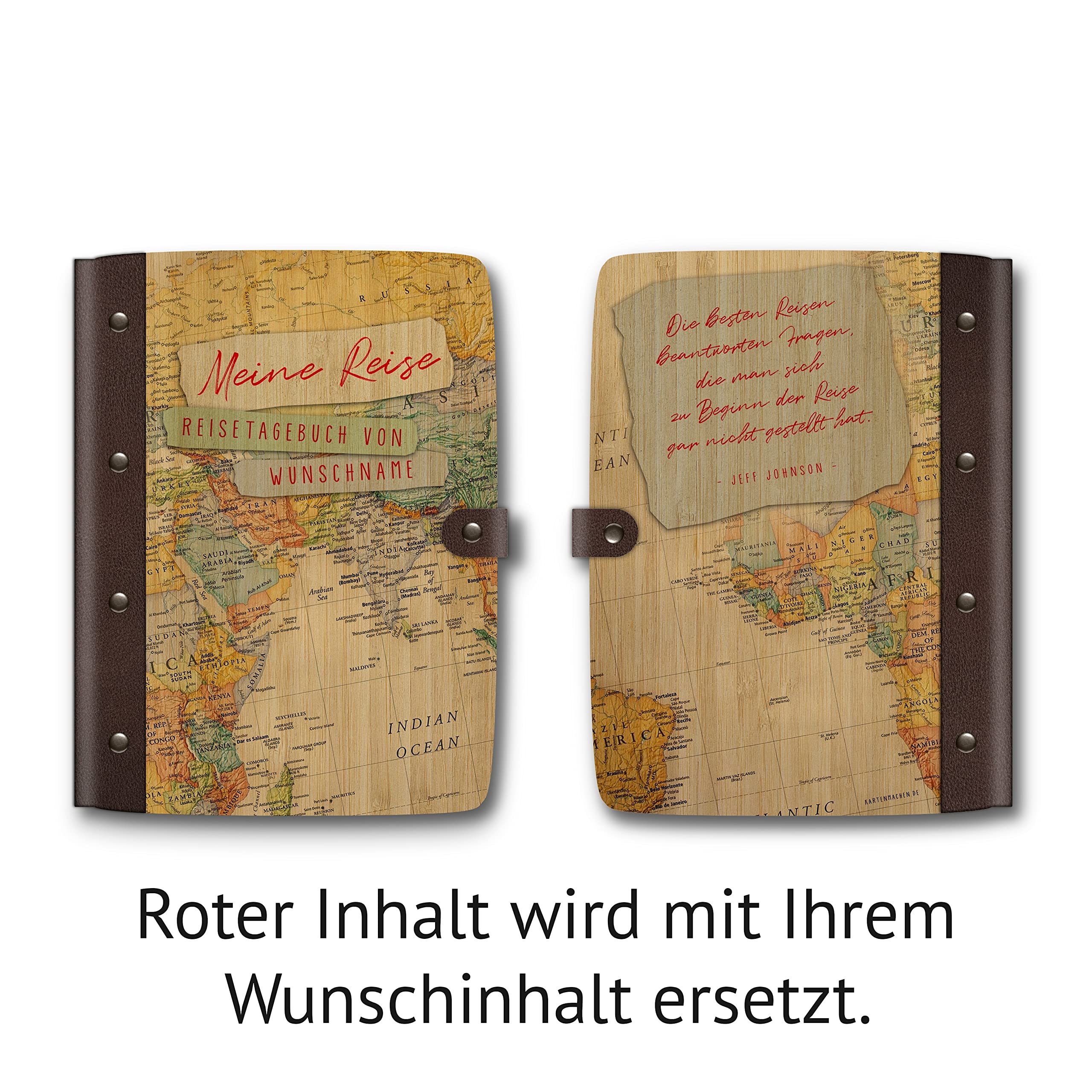 Kartenmachen.de Notizbuch Tagebuch individuell mit UV-Druck Bambus Cover mit Echtleder Rücken 72 Blätter | 144 Seiten DIN A5 hoch 158 x 222 mm - Moderne Weltkarte Reisetagebuch
