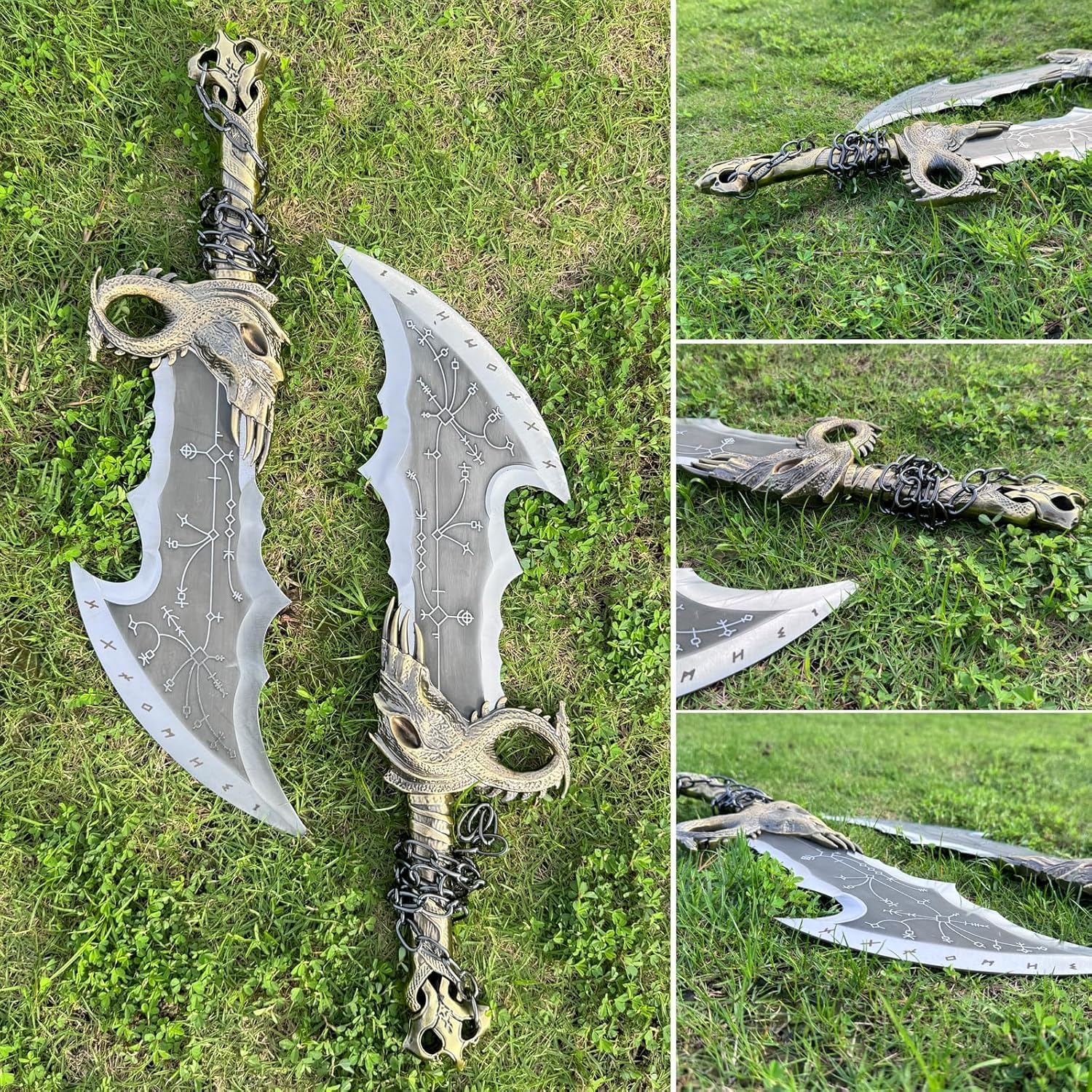 Generico Kratos Chaos Blade of GOW, metal, A Set of Two Bades of Chaos with Display Plaque, Kratos Metal Chainsword, 1:1 Replika Rekwizytów wojennych na wyświetlacz i prezent
